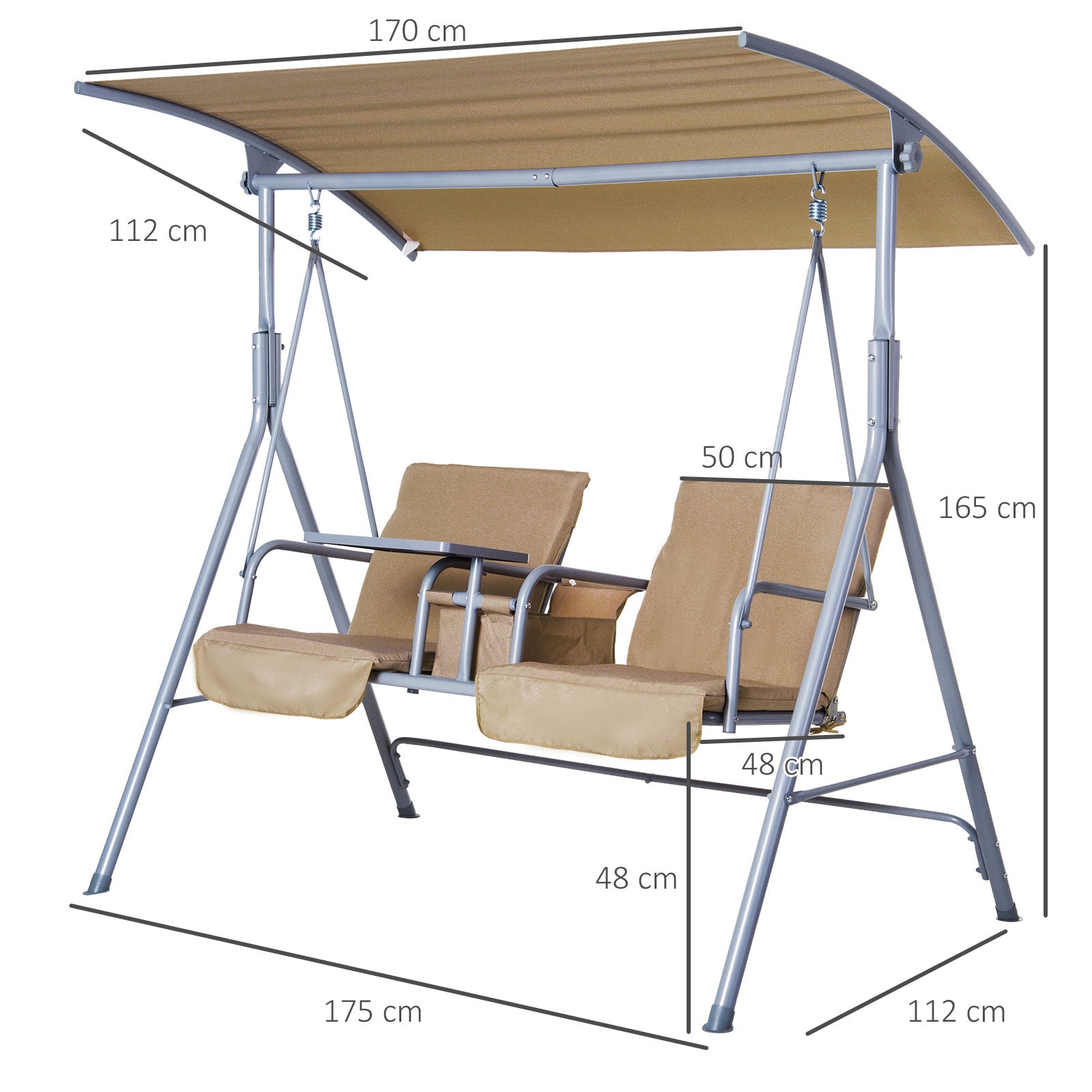 Outsunny 2 Seater Garden Swing Chair Patio Rocking Bench w/ Tilting Canopy, Double Padded Seats, Storage Bag and Tray, Beige