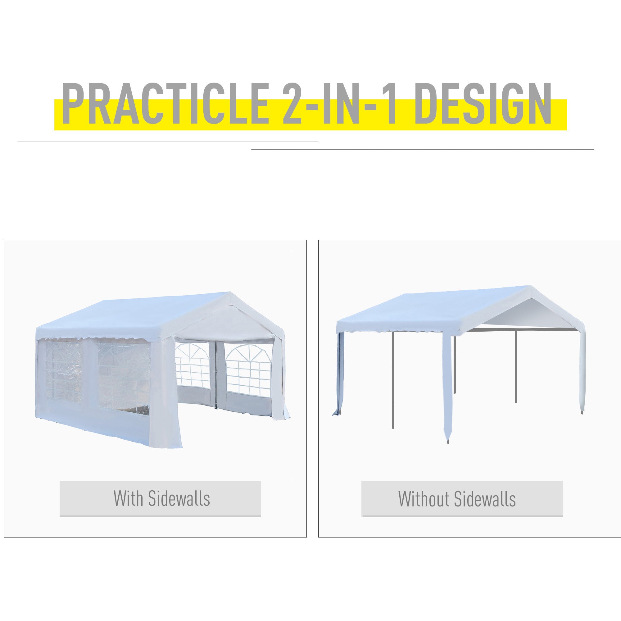 Outsunny Portable Party Tent 4m x 4m Carport Shelter with Removable Sidewalls, Double Doors, Heavy Duty, White