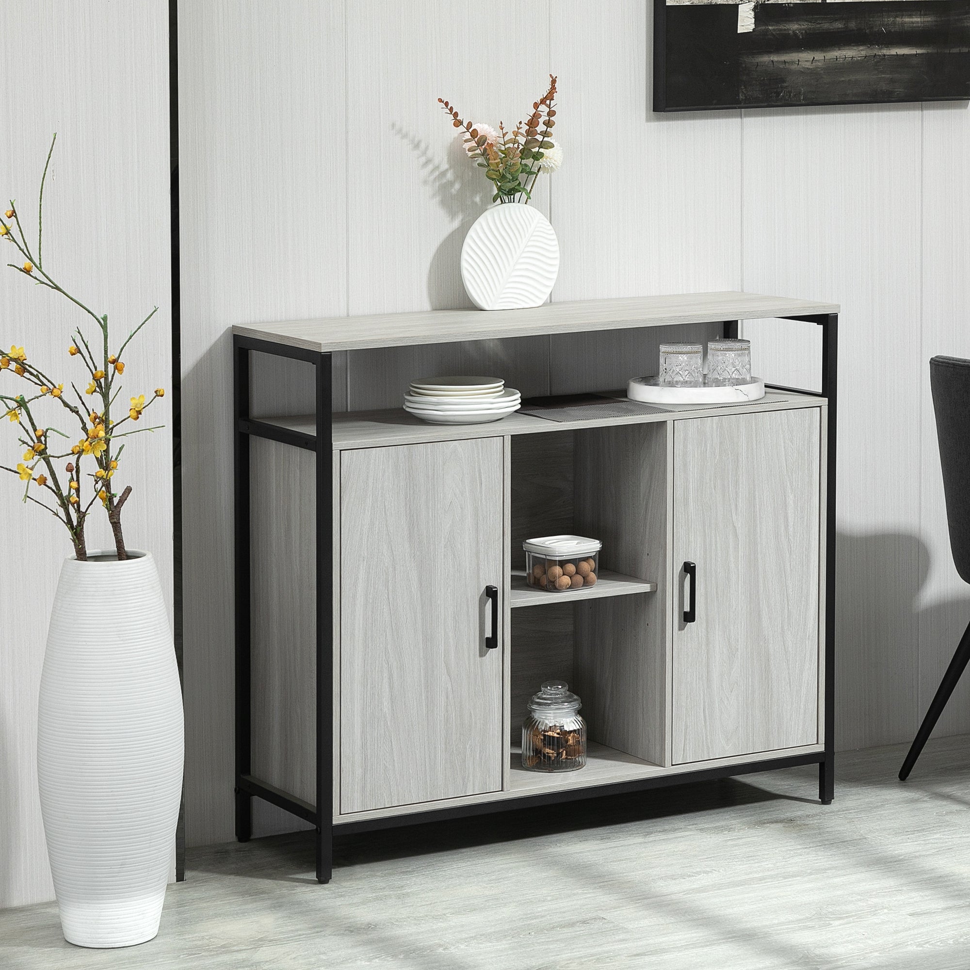 HOMCOM Contemporary Sideboard: Steel-Framed Storage Cabinet with Adjustable Shelves, 2 Doors, Light Grey, for Living Room & Hallway | Aosom UK