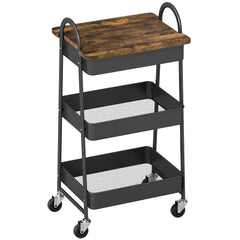 Kozy - 3-Tier Kitchen Storage Trolley with on Wheels Cover Top Board - Rustic Brown and Black