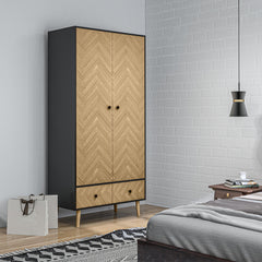 Kozy Modern Wardrobe Cabinet Wood Grain Sticker Surface with Shelf, Hanging Rod and 2 Drawers 90x50x190cm