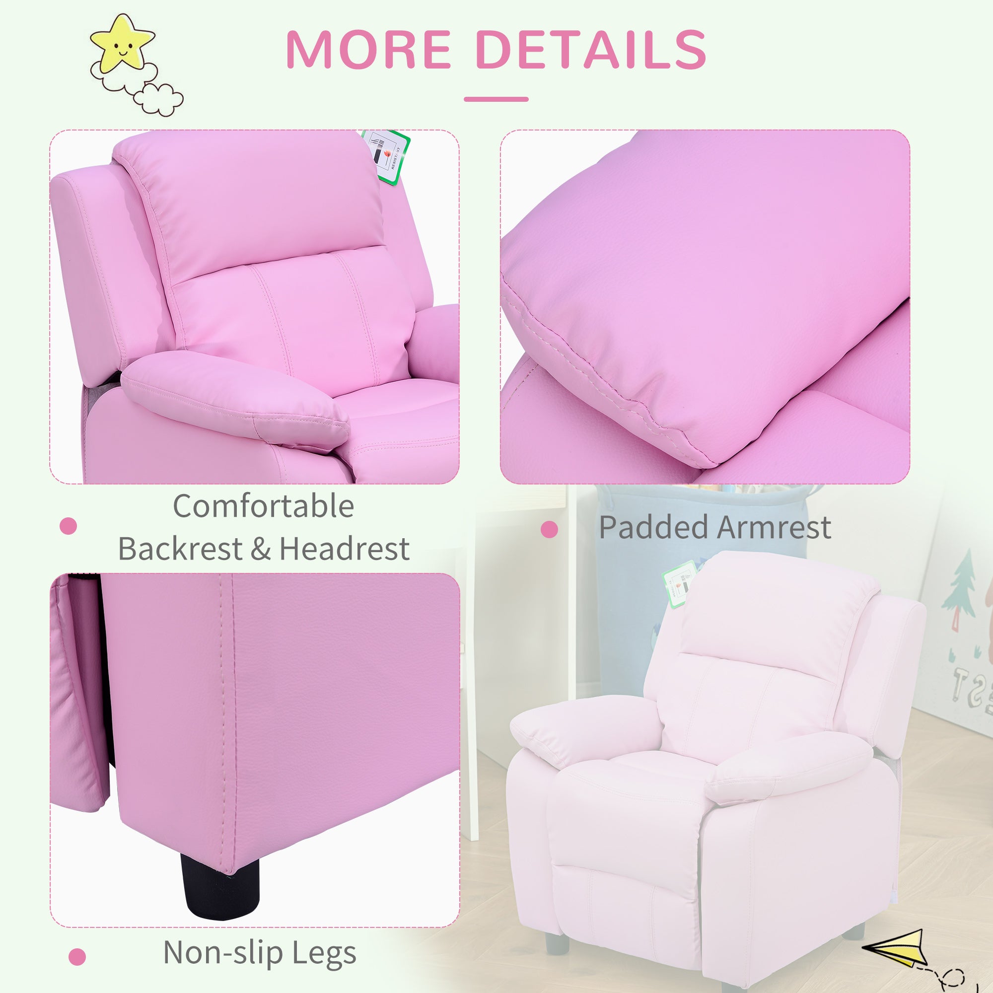 Kozy Kids Sofa Armchair Toddler Recliner Children's  Chair Lounger Games Chair  PU Leather w/ Storage  (Pink)