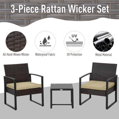 Kozy 3 pcs PE Rattan Wicker Garden Furniture Patio Bistro Set Weave Conservatory Sofa Coffee Table and Chairs Set Beige