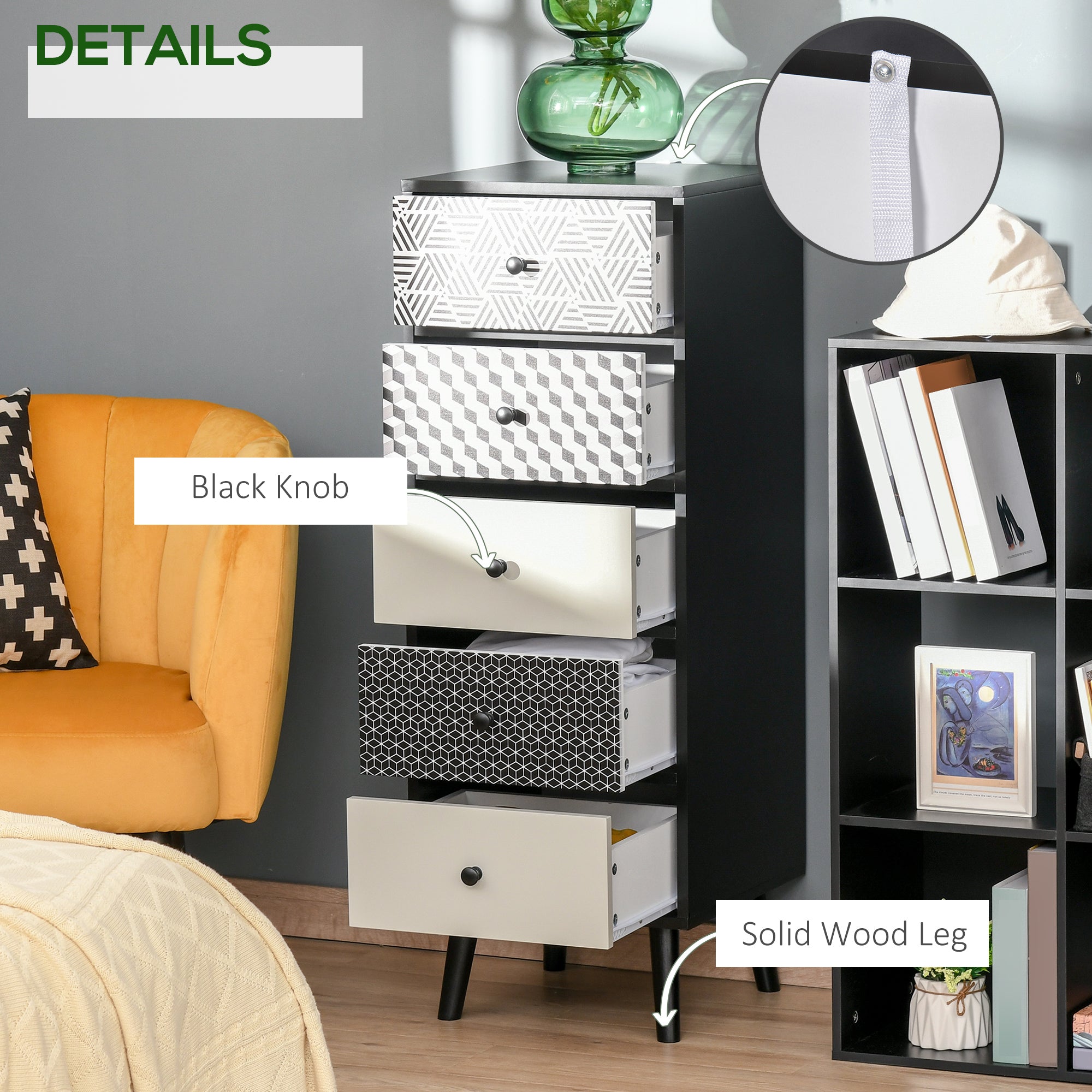Kozy Chest of Drawers, 5 Drawer Dresser, Vertical Storage Organizer Unit for Bedroom, Living Room