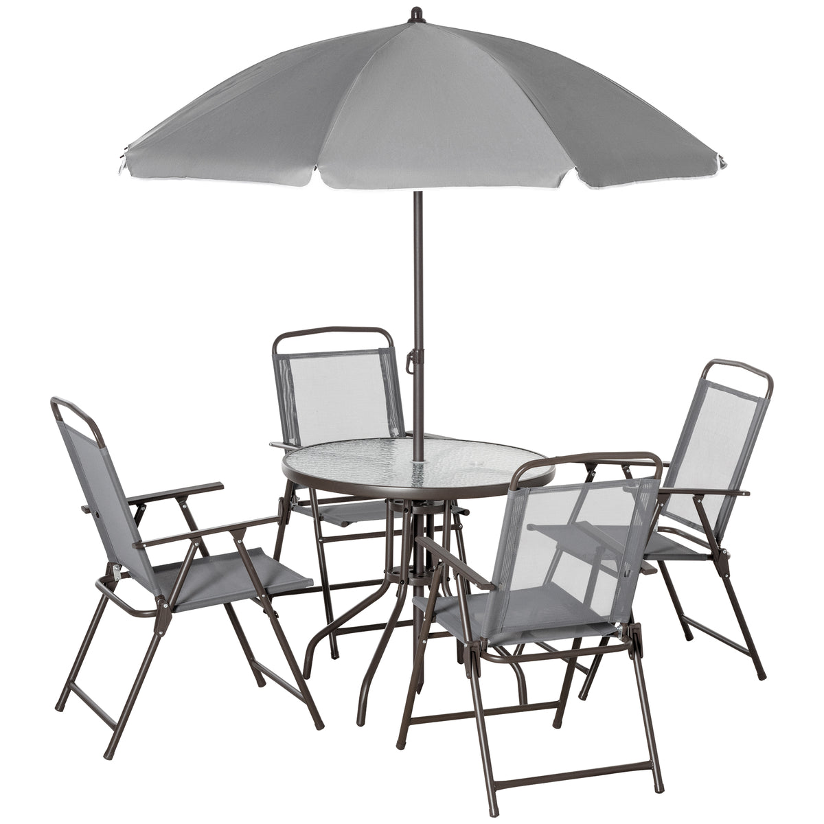 Kozy 6 Piece Garden Dining Set with Umbrella, Outdoor Dining Sets with Parasol, 4 Folding Dining Chairs & Round Tempered Glass Table, Grey