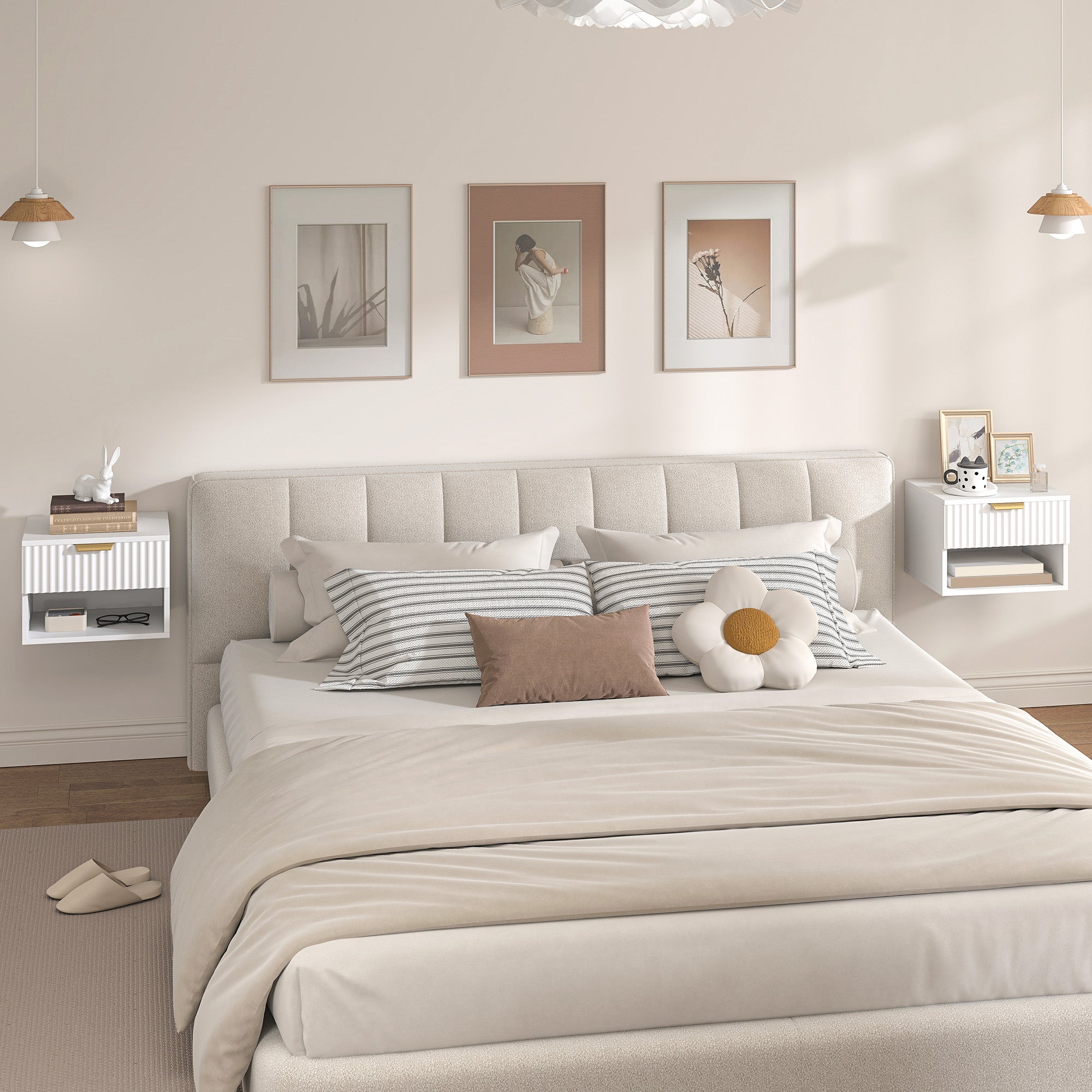 Kozy Floating Nightstands Set of 2, Modern Wall Mounted Bedside Tables with Fluted Drawer and Open Shelf for Bedroom, White