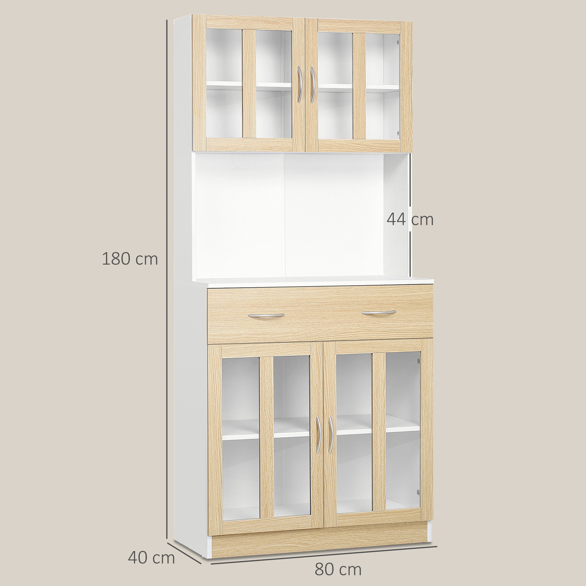 Kozy Modern Kitchen Cupboard, Freestanding Storage Cabinet Hutch with Central Drawer, 2 Glass Door Cabinets and Countertop, 180cm