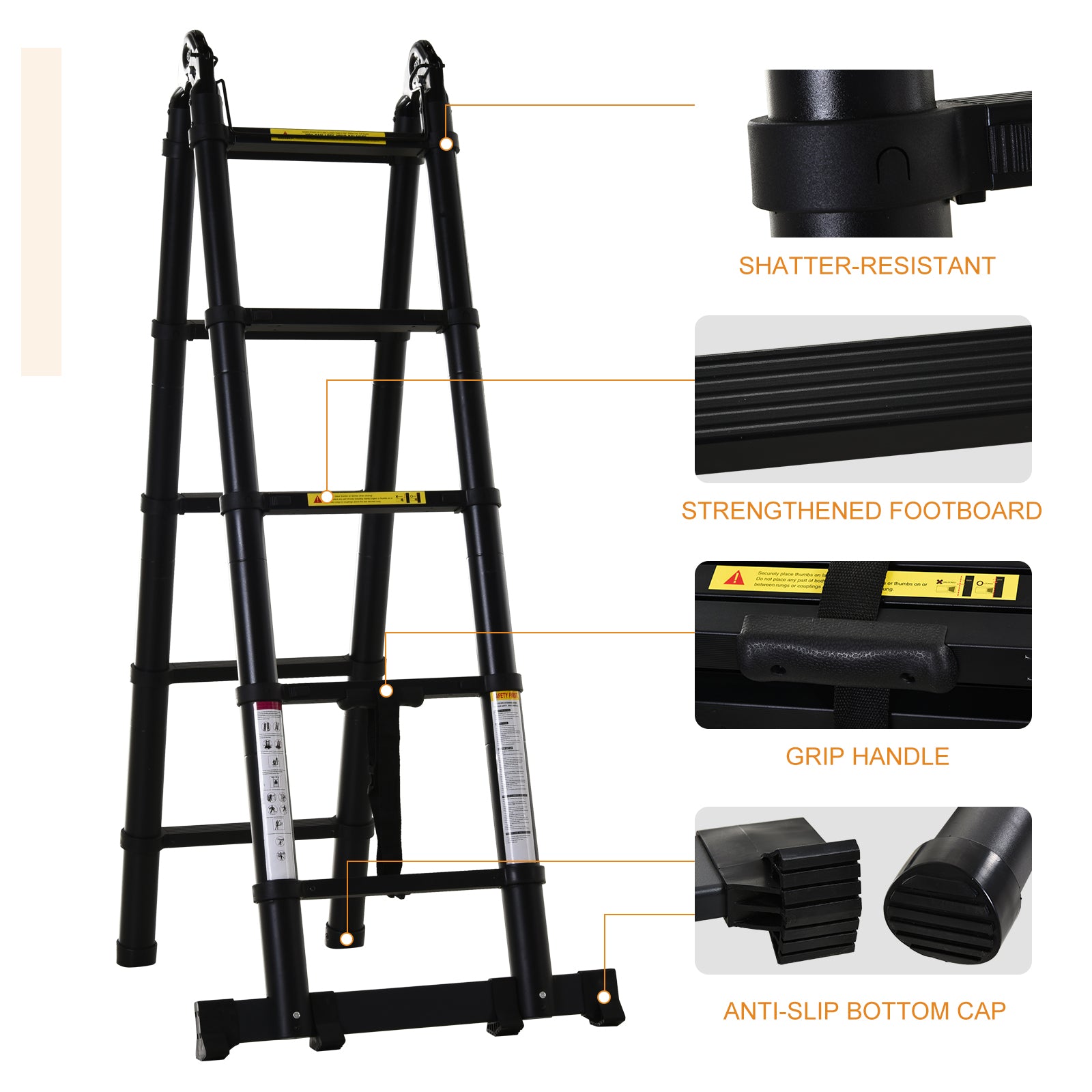 Kozy 3.2m/10.5ft Telescopic Ladder, Extendable Aluminium Ladder with Anti-slip Pedals, Multi-purpose Portable Foldable 10 Step Ladder, 150kg Capacity, EN131, Black