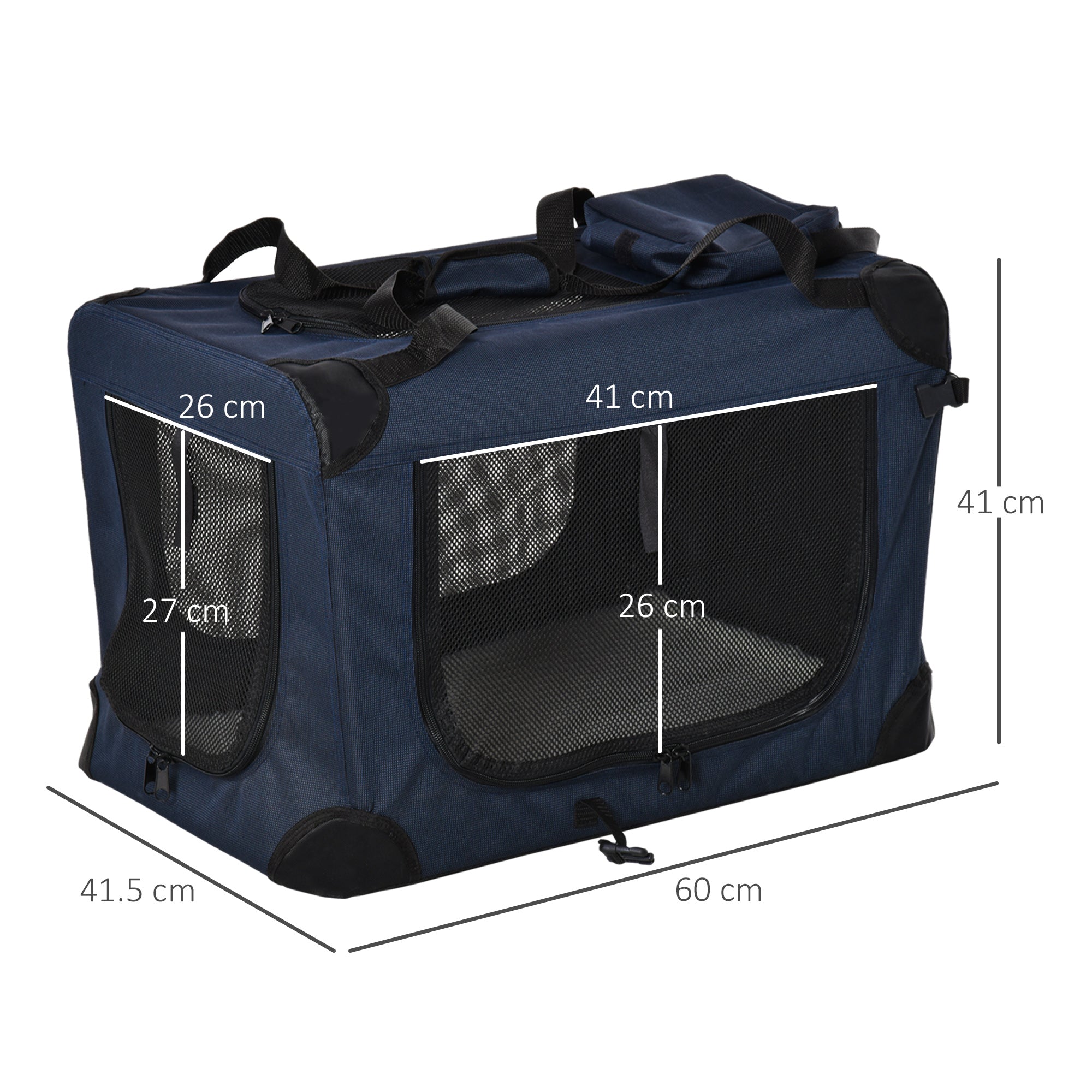 Kozy Foldable Pet Carrier for Small and Miniature Dogs, Portable Cat Carrier Soft Side Pet Travel Crate with Removable Mat, Storage Bags, Breathable Mesh 60 x 41.5 x 41cm - Dark Blue