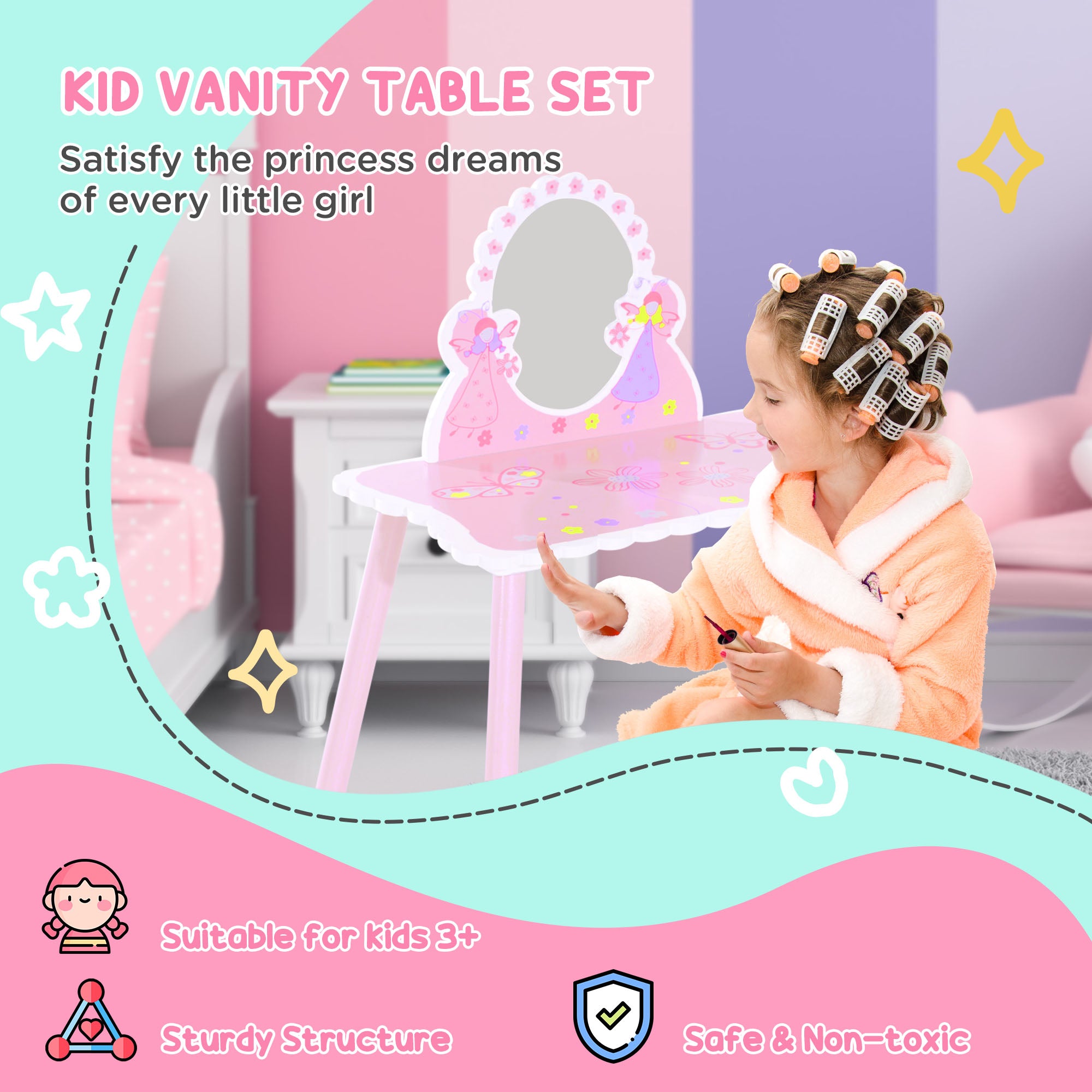Kozy Kids Dressing Table Girls Pink Wooden Kids Dressing Table & Stool Make Up Desk Chair Toys Fairy Dresser Play Set w/Mirror