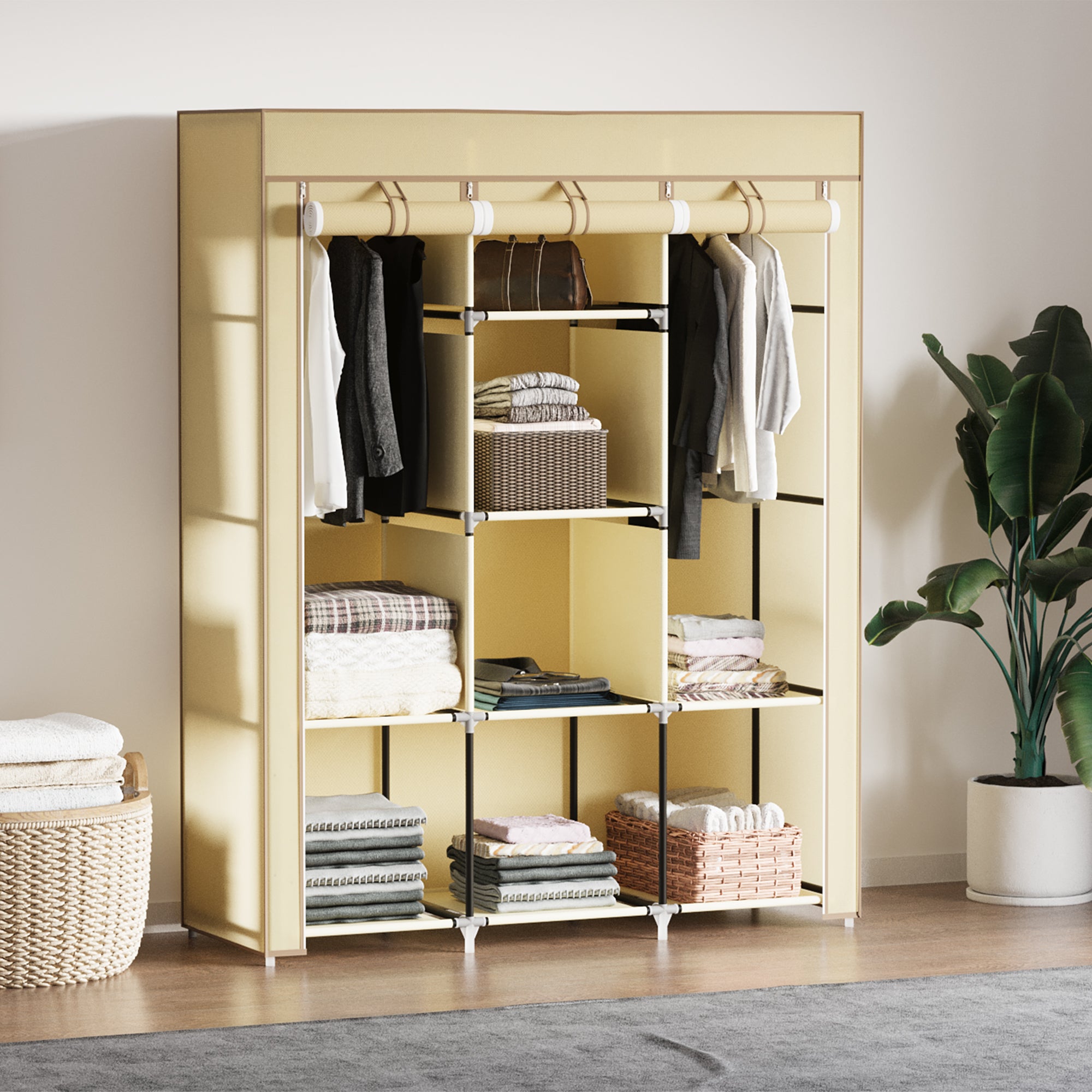 Kozy Fabric Wardrobe, with Rails and Shelves - Cream White