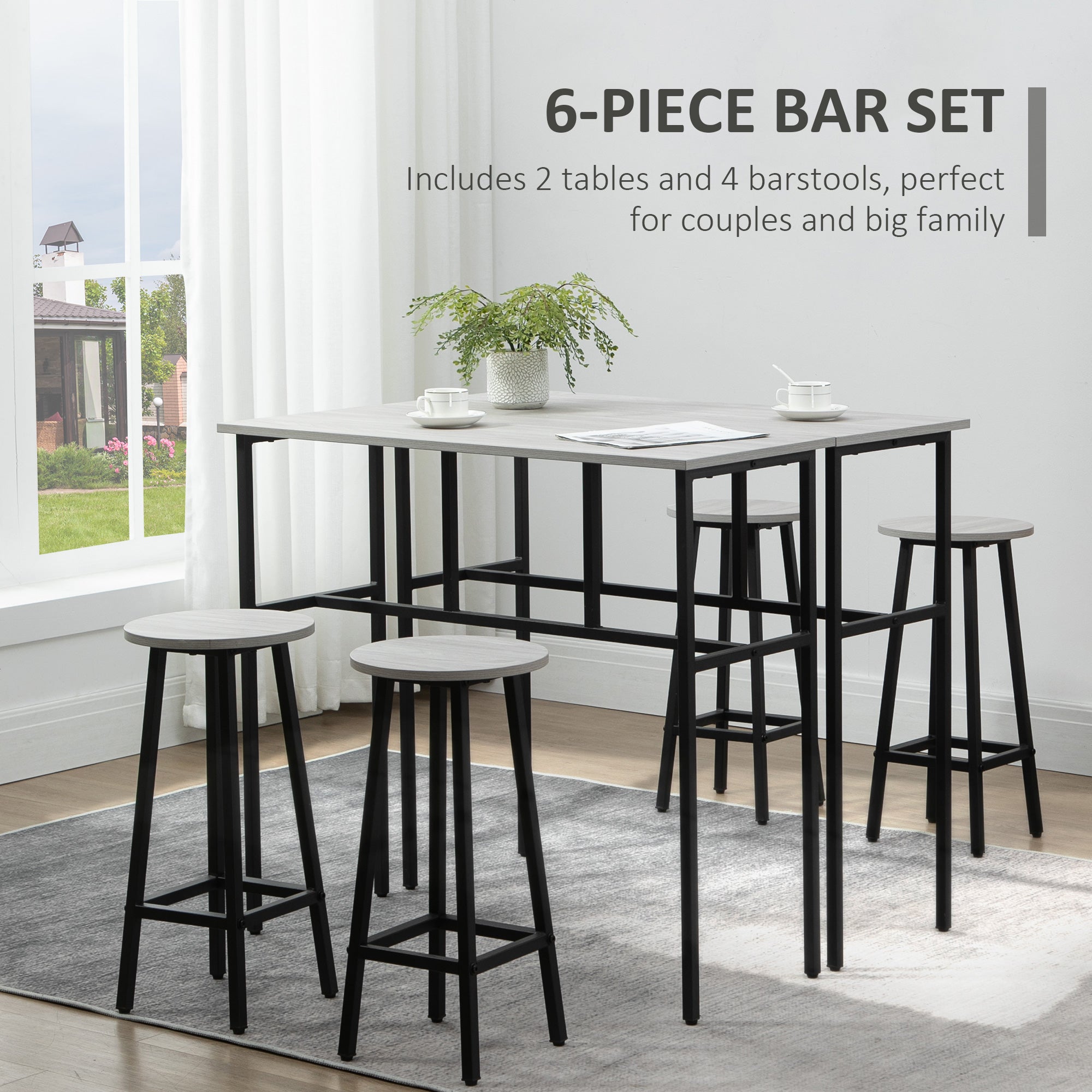 Kozy 6-Piece Bar Table Set, 2 Breakfast Tables with 4 Stools, Counter Height Dining Tables & Chairs for Kitchen, Living Room, Grey