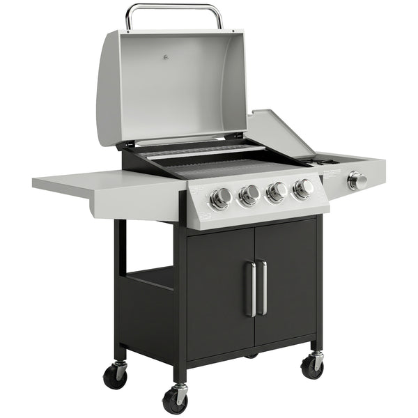 4+1 Burner Gas BBQ Grill with Side Burner, 50000 BTU Portable Gas Barbecue Grill with Built-in Thermometer, Lid