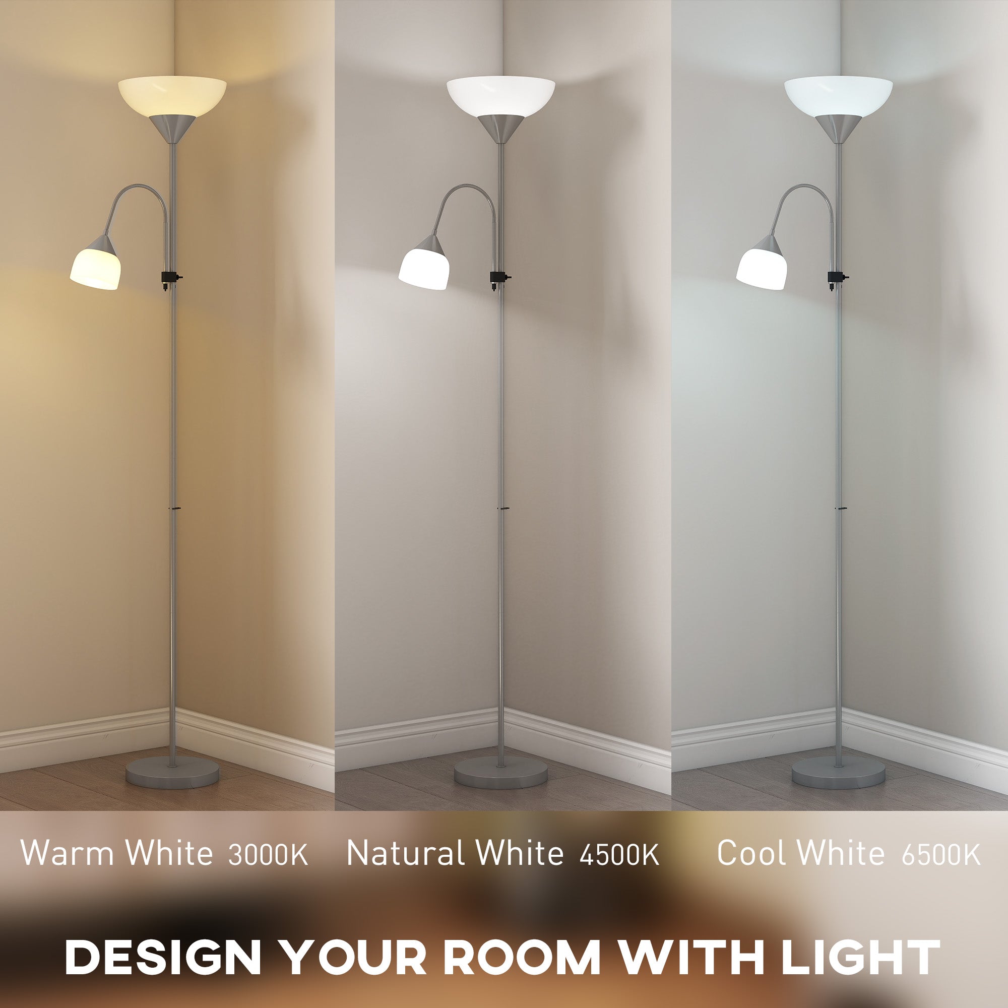 Kozy - LED Floor Lamp for Living Room, 180cm Tall Standing Lamp, Mother and Child Uplighter with Adjustable Gooseneck, 3000K/4500K/6500K Colour Temperatures, Silver Tone