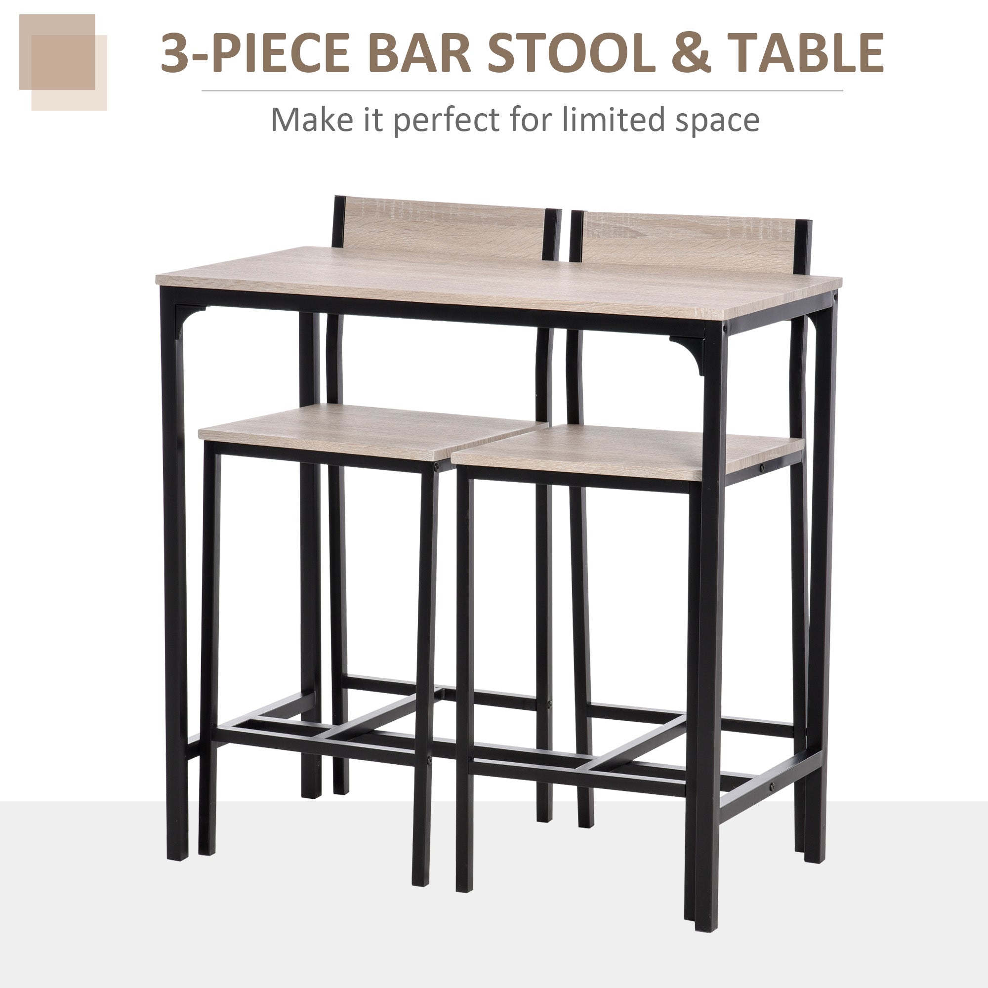 HOMCOM 3 Pcs Table Stool Set Industrial Design w/ Metal Frame Oak Tone MDF Panels Minimal Compact Beautiful