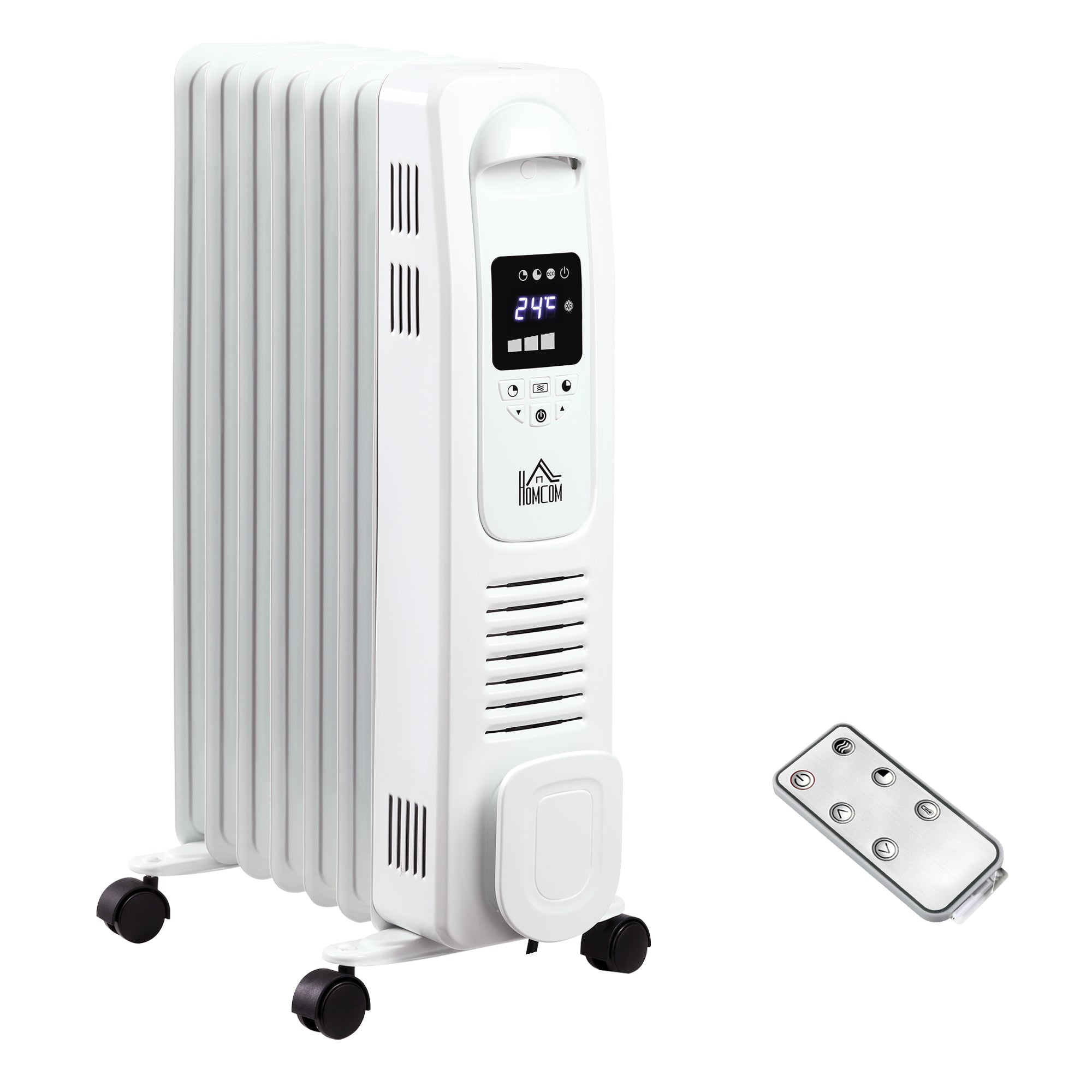 Kozy 1500W Digital Oil Filled Radiator, 7 Fin, Portable Electric Heater with LED Display, Built-in Timer, 3 Heat Settings, Safety Cut-Off and Remote Control, White