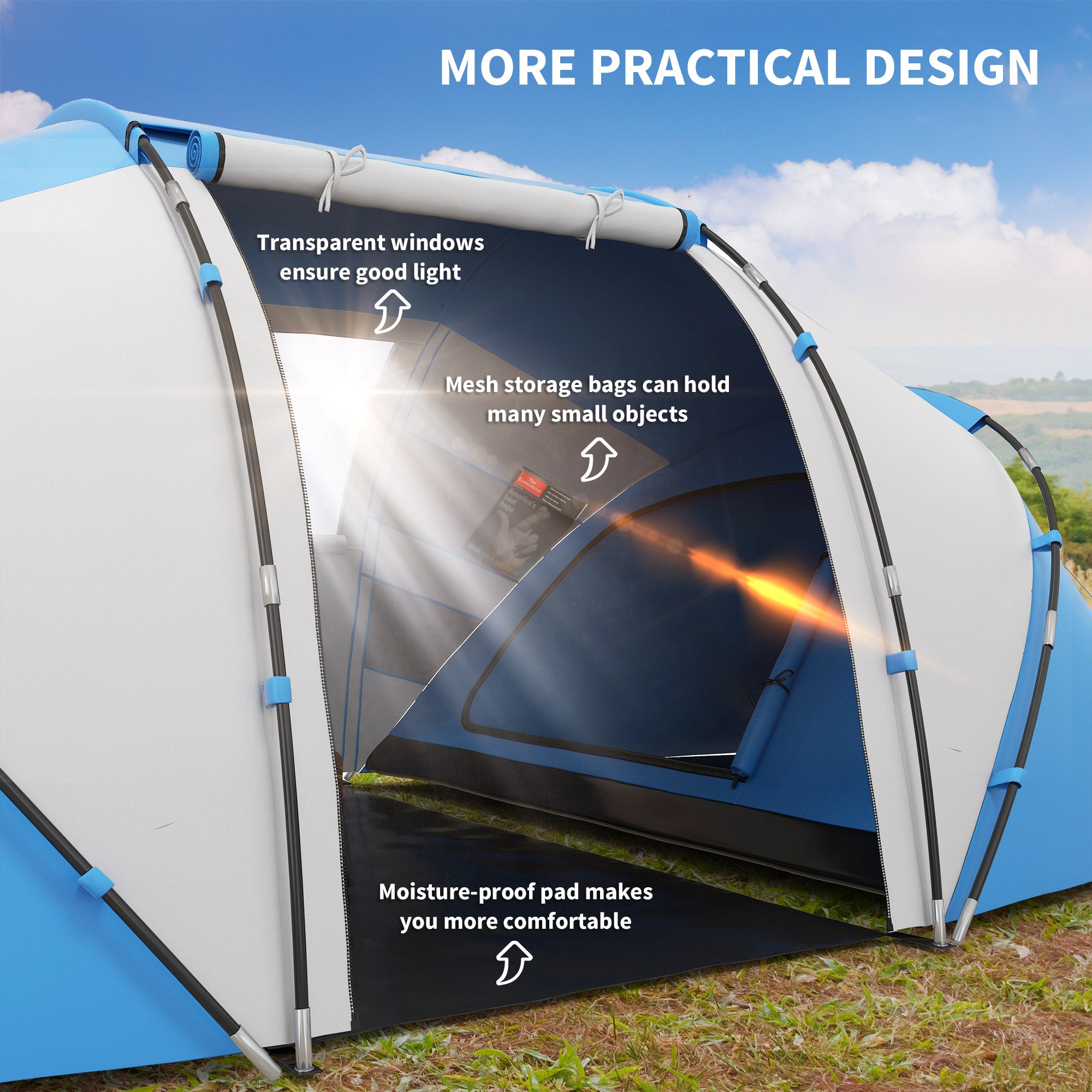 Kozy 4-6 Man Camping Tent w/ Two Bedroom, Hiking Sun Shelter, UV Protection Tunnel Tent, Blue and White