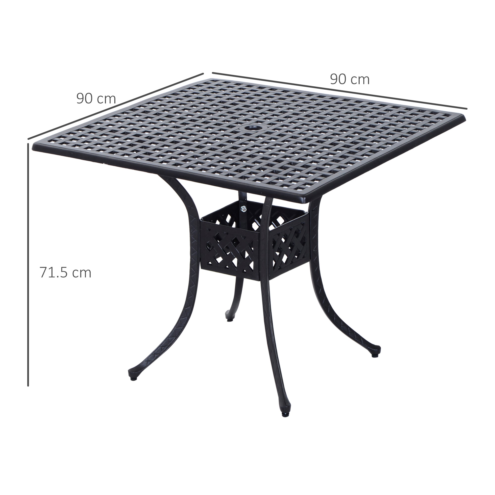 Kozy 90cm Square Garden Table with Umbrella Hole, Aluminium Grid Motif Outdoor Dining Table for Garden Patio, Black