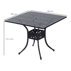 Kozy 90cm Square Garden Table with Umbrella Hole, Aluminium Grid Motif Outdoor Dining Table for Garden Patio, Black