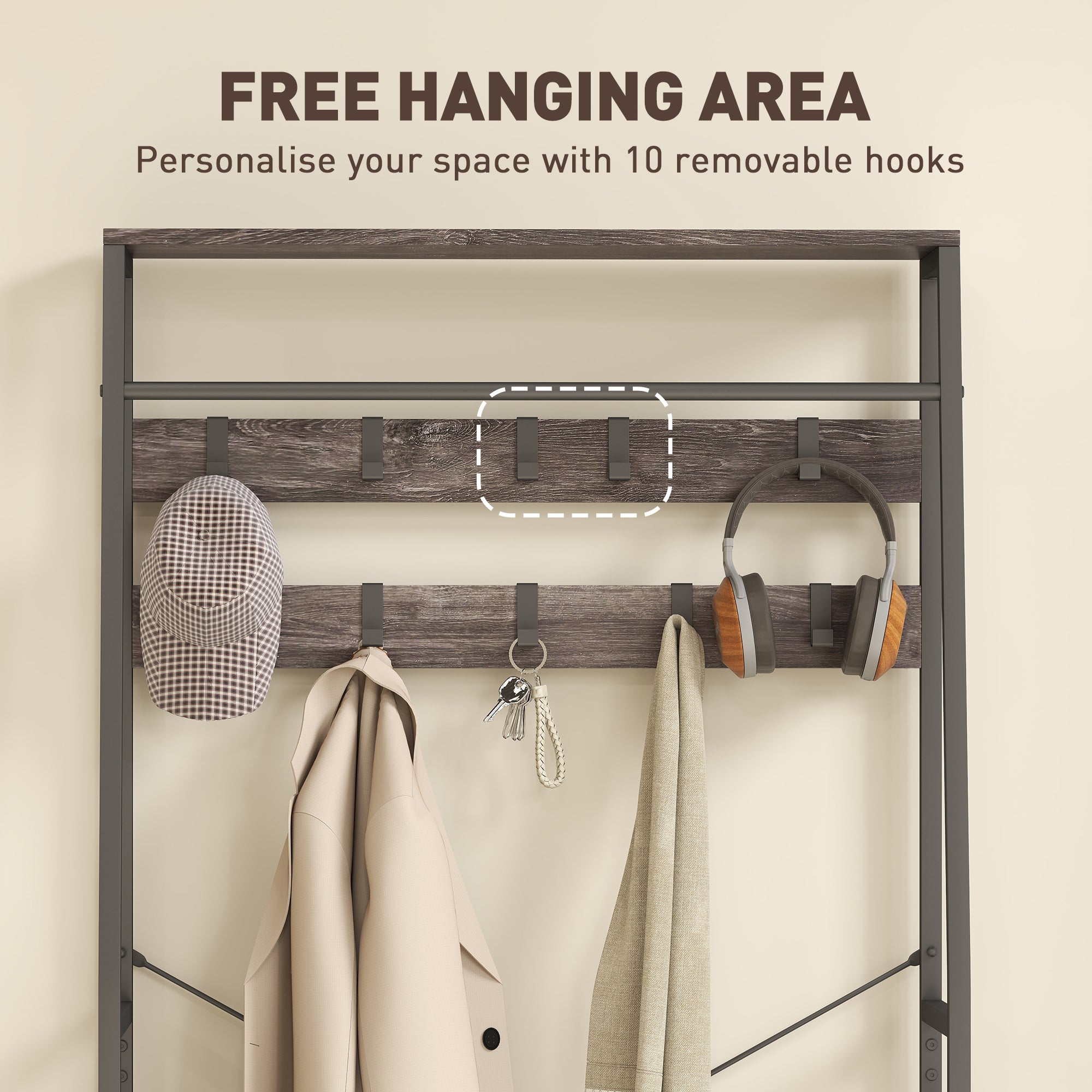 Kozy - Coat Rack with Shoe Storage, Hall Tree, Industrial Coat Stand with Shoe Bench, 10 Removable Hooks, 2 Fabric Drawers and Clothes Rail for Entryway, Hallway, Grey