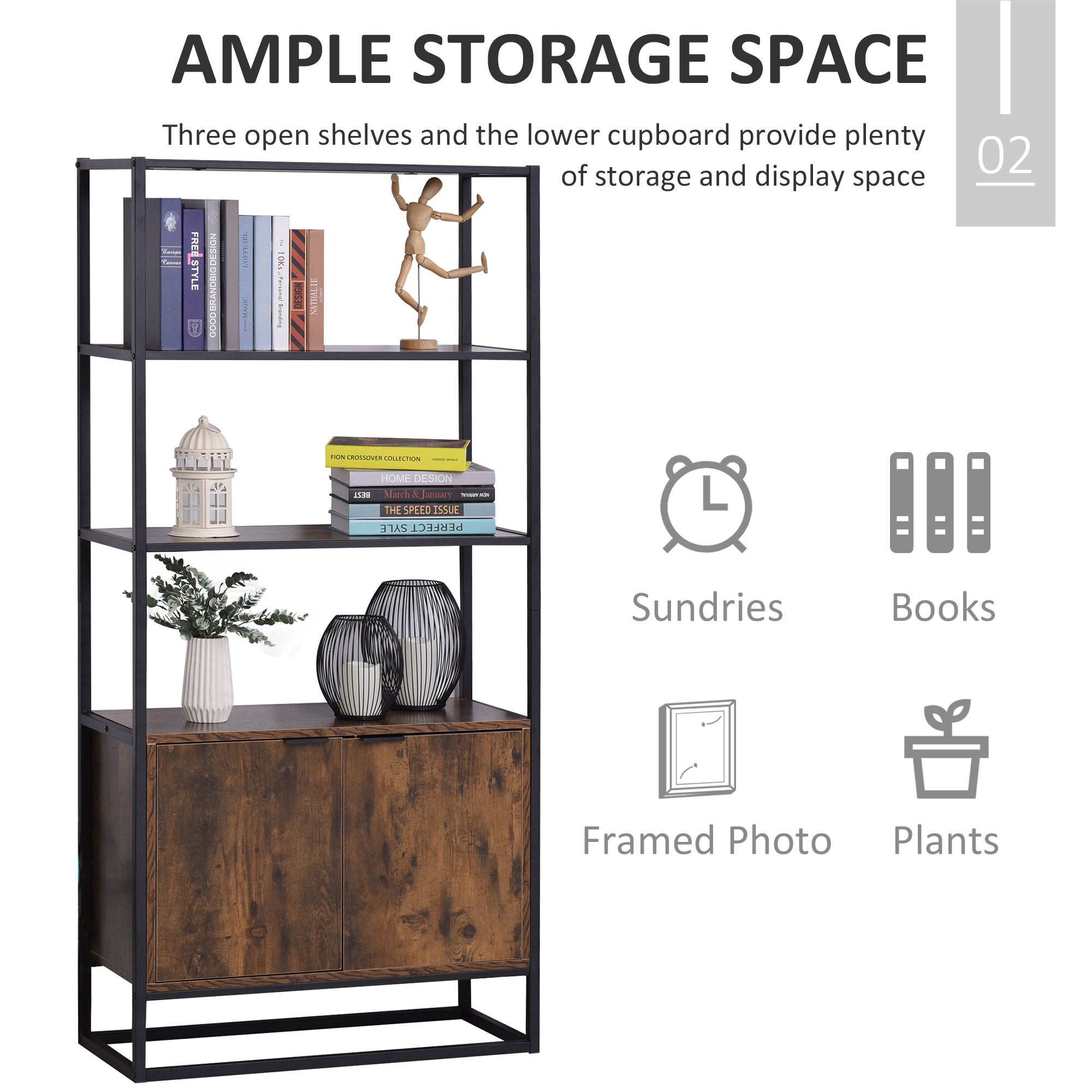Kozy Industrial Bookshelf, Storage Shelf, Large Bookcase with 3 Open Shelves, Multifunctional Rack for Living Room, Office, Rustic Brown and Black