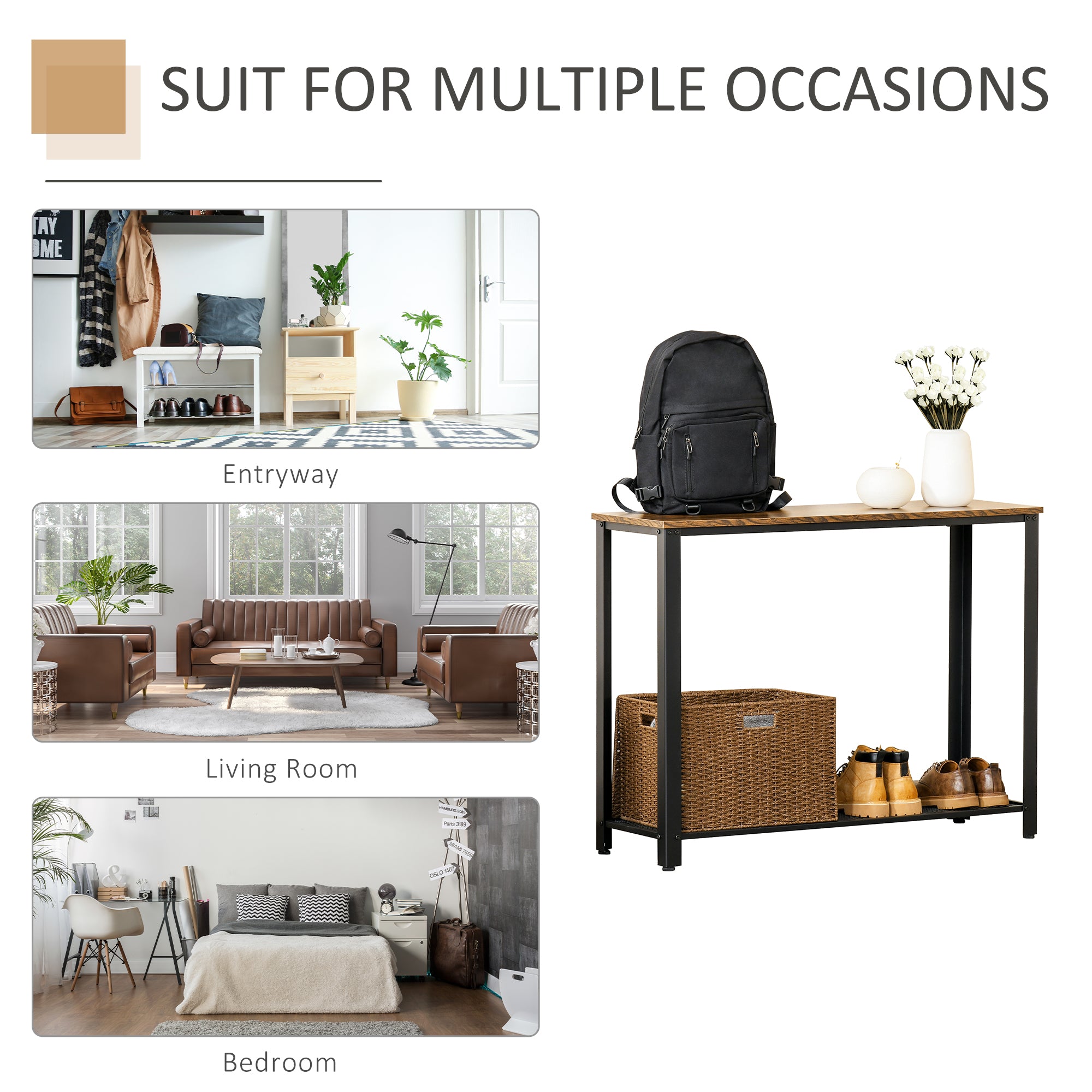 Kozy Industrial Console Table，Entryway Table w/Bottom Mesh Shelf Metal Frame Vintage Sofa Table for Hallway, Living Room, Rustic Brown