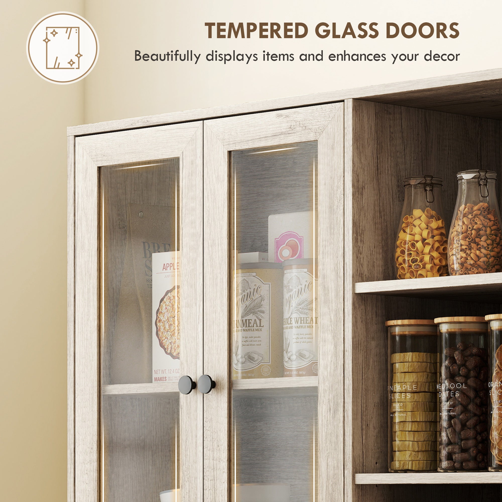 Kozy Multi-Storage Kitchen Cabinet, with Glass Doors - Grey Wood-Effect