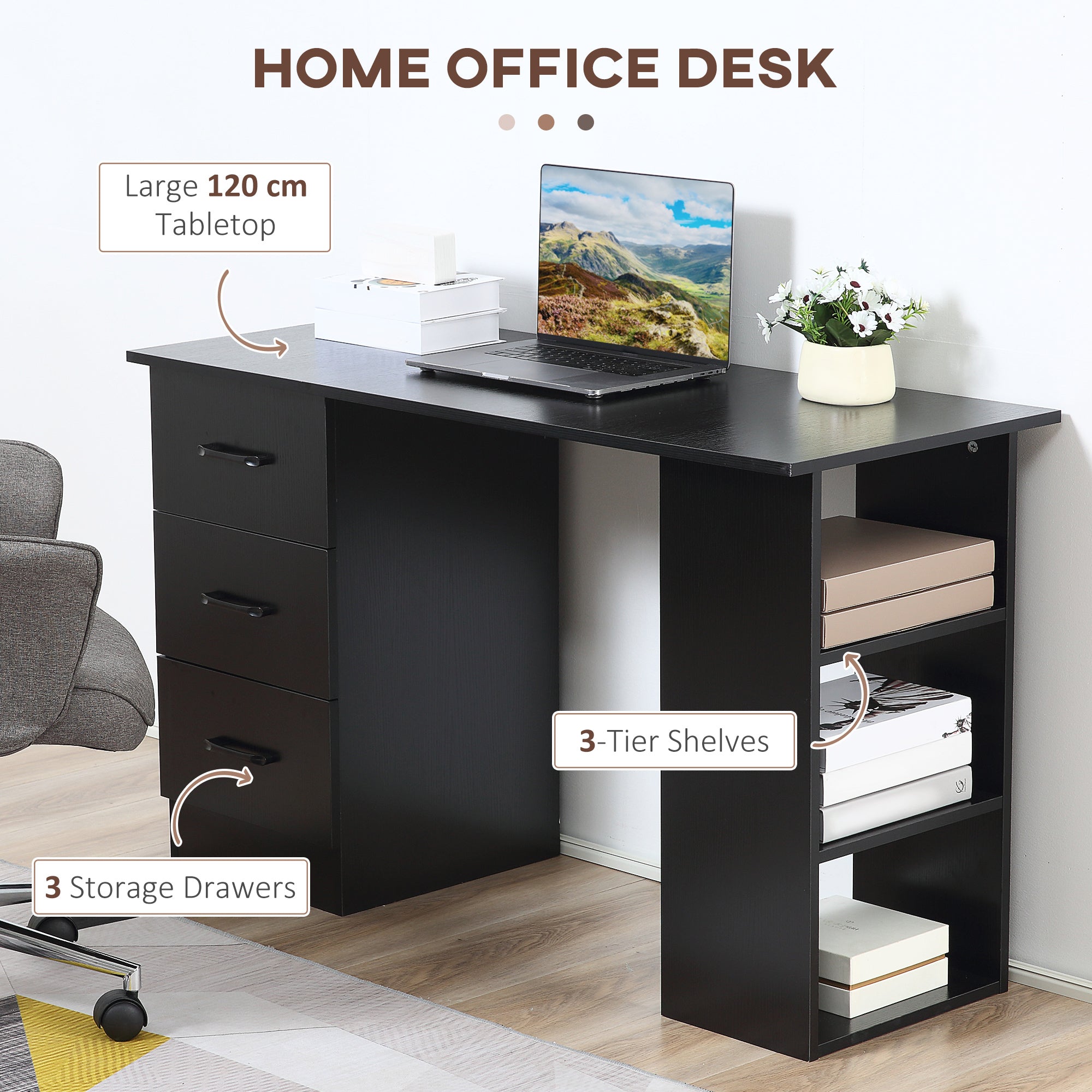 Kozy Computer Desk, Writing Table, PC Workstation with 3 Storage Shelves and Drawers, Black Handle, for Home Office, Black