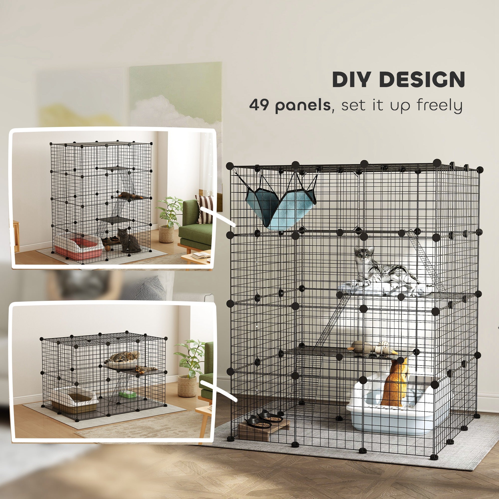 Kozy - Steel Wire Cat Cage Indoor with Hammock, Ramps, Doors, DIY Cat Enclosure for 1-3 Cats, Black