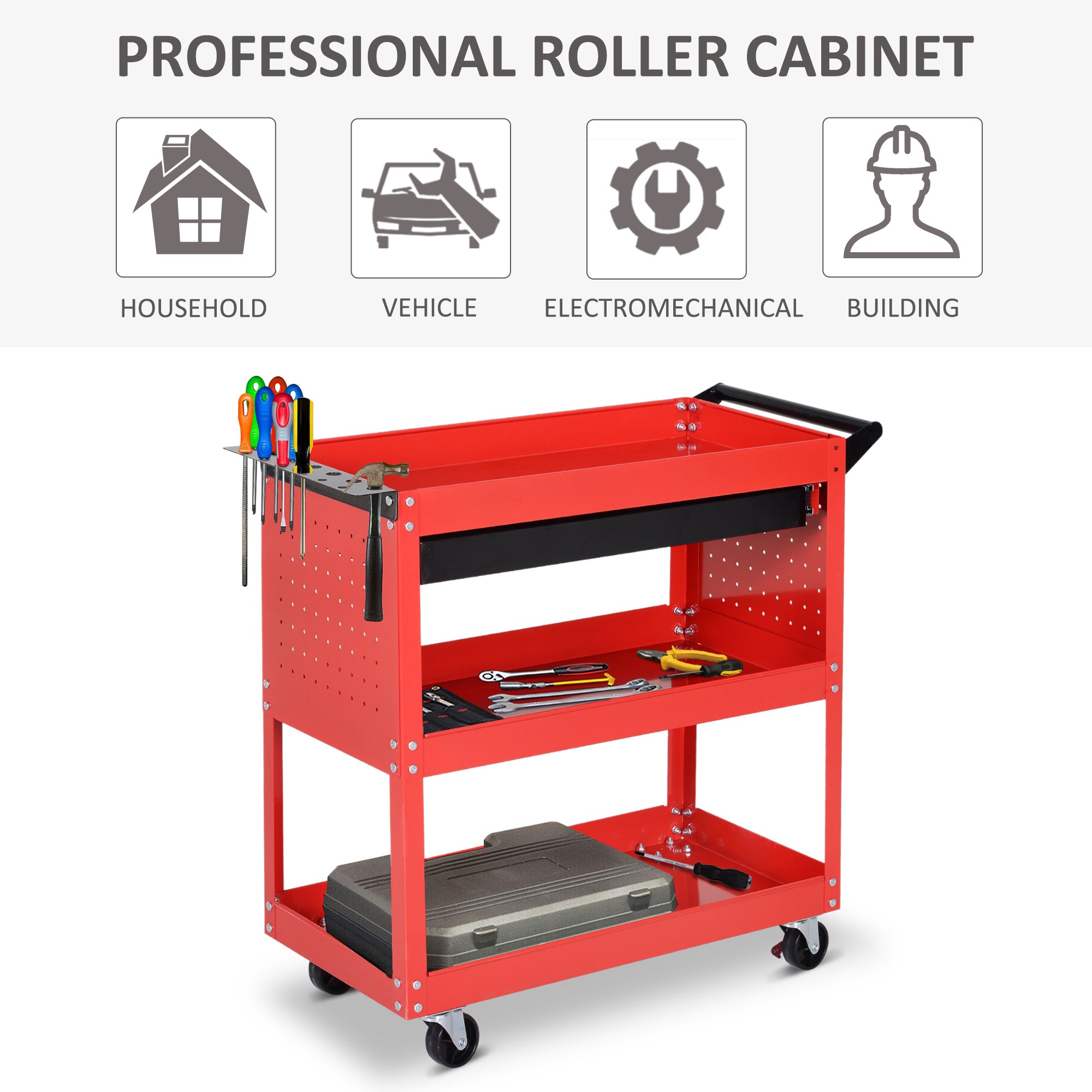 Kozy 3-Tier Tool Trolley Cart Storage Shelf Roller Cabinet DIY Box Garage Workshop with Drawer Red