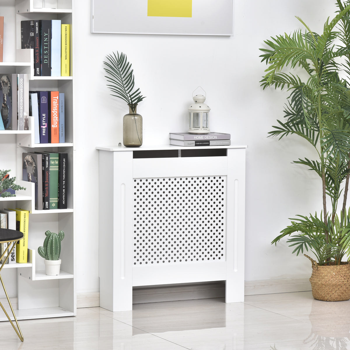 HOMCOM Modern Radiator Cover, Wooden Heating Cabinet, Grill Style Diamond Design, Painted White, Small