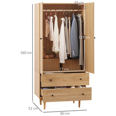 Kozy Wardrobe with 2 Doors, 2 Drawers, Hanging Rail for Bedroom Clothes Storage Organiser, 80x52x180cm, Natural Tone