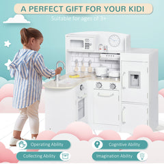 Kozy Kids Play Kitchen Wooden Toy Kitchen Cooking Set for Children with Drinking Fountain, Microwave, and Fridge White
