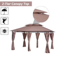 Outsunny 4m x 3(m) Metal Gazebo Canopy Party Tent Garden Pavillion Patio Shelter Pavilion with Curtains Sidewalls Brown