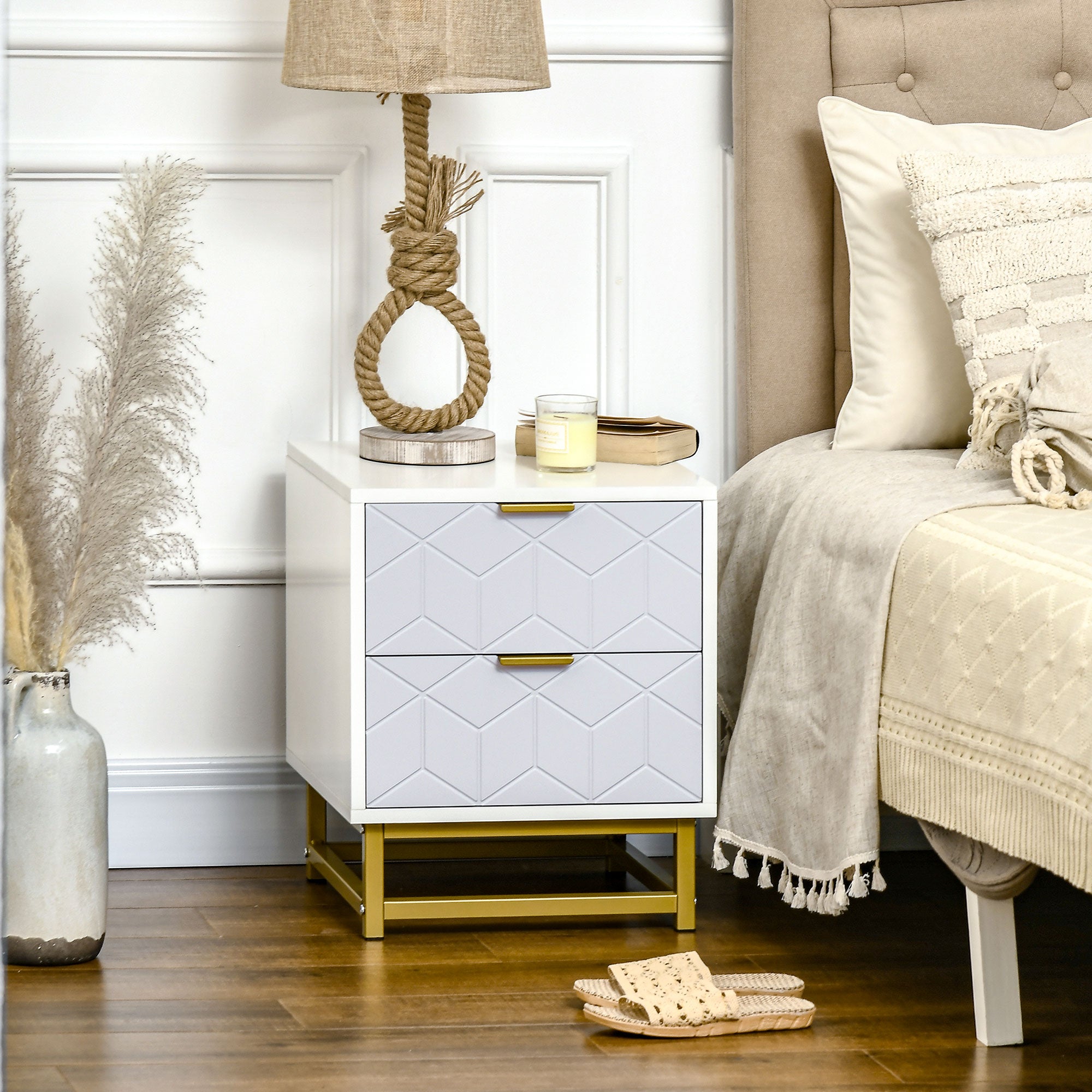 Kozy Bedside Table with 2 Drawers, Side Table, Bedside Cabinet with Steel Frame for Living Room, Bedroom, Grey and White