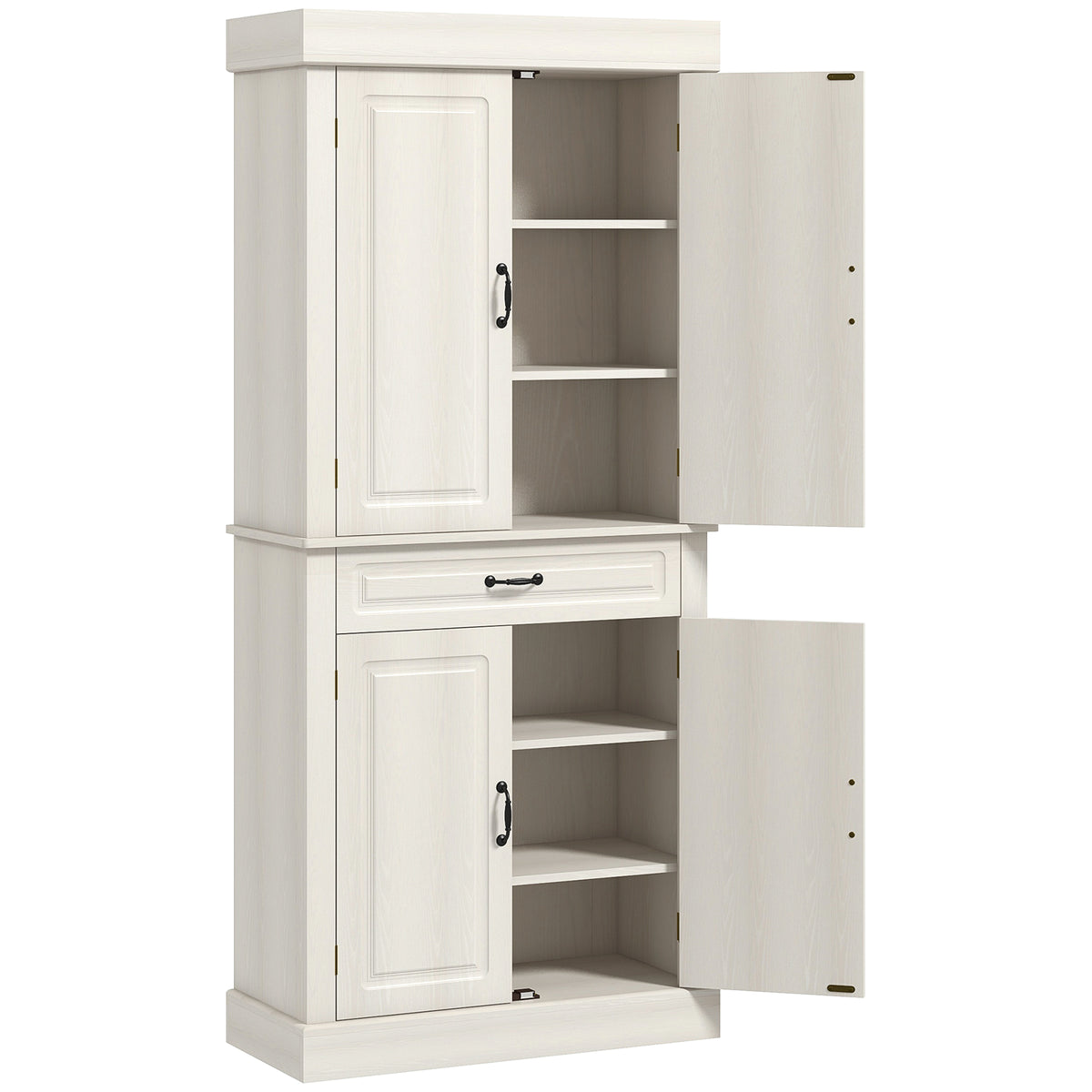 Kozy Kitchen Cupboard with 4 Doors, Freestanding Storage Cabinet with Wide Drawer and Shelves for Living Room, 180cm, White Wood Grain