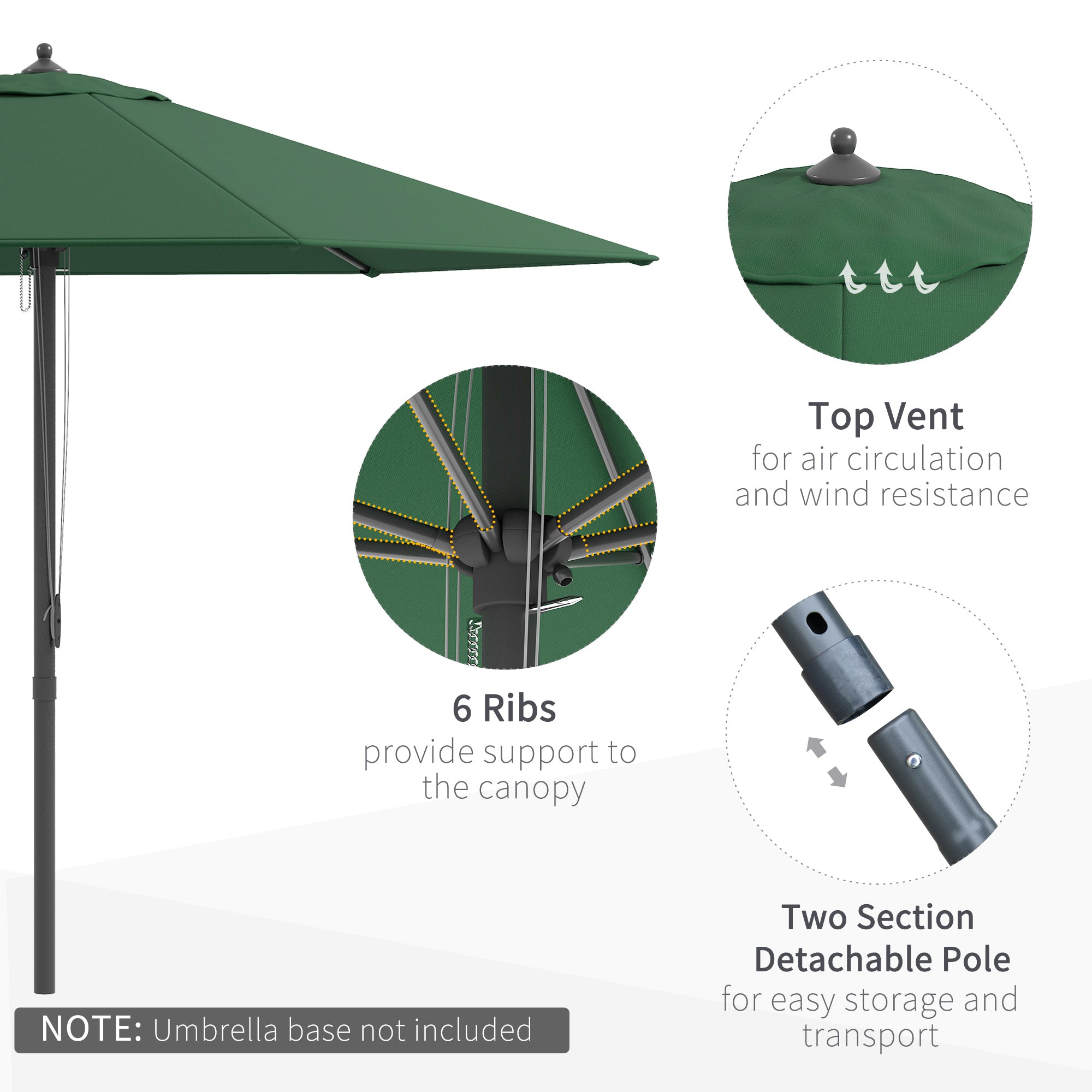 Kozy 2.8m Garden Parasol Umbrella, Round Outdoor Market Table Umbrella Sun Shade Canopy, Green