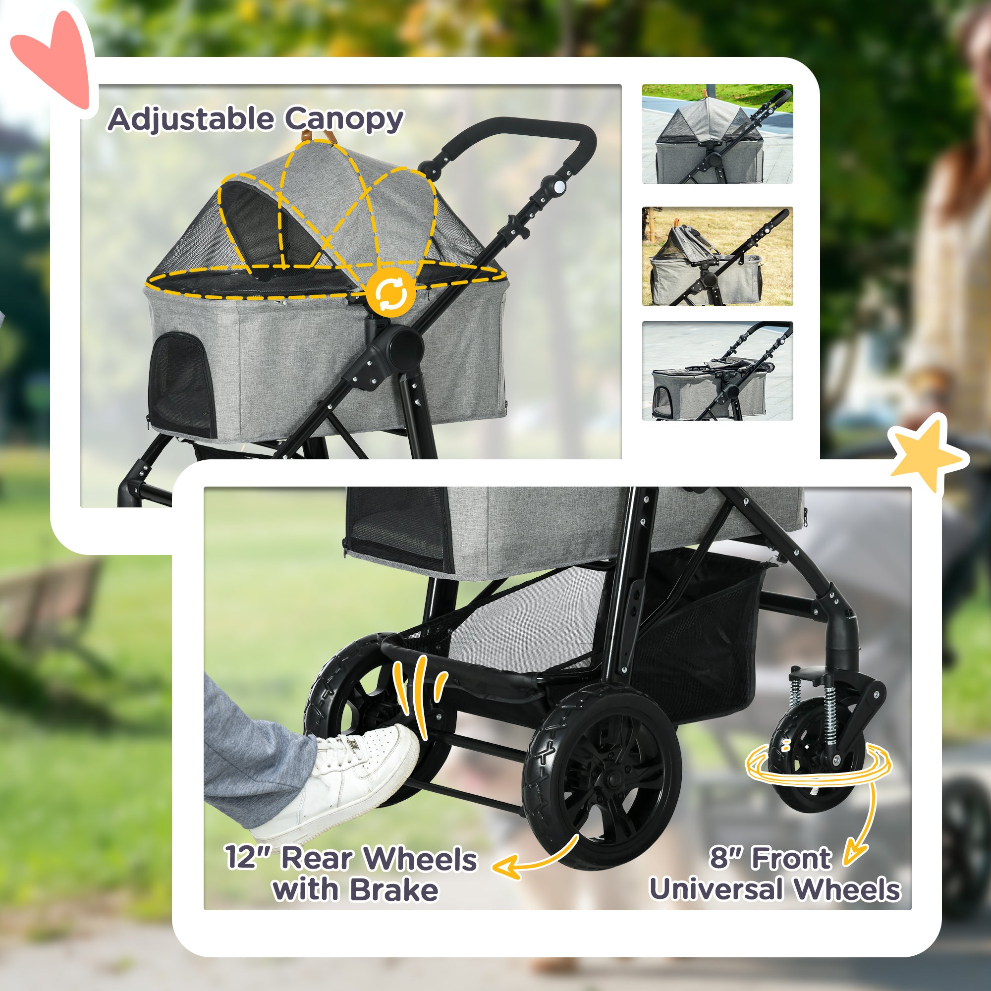 Kozy Dog Pram Pet Stroller for Small Dogs Cats, Foldable Dog Pushchair Trolley with Detachable Pet Carrier Bag, Shock Absorber, Adjustable Handlebar, Grey