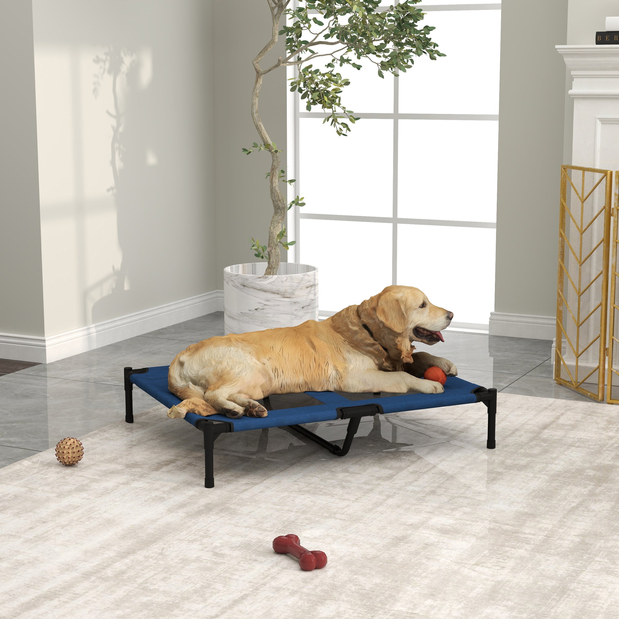 Kozy Raised Dog Bed Cat Elevated Lifted Puppy Pet Elevated Cot Portable Camping Basket – Blue (Large)