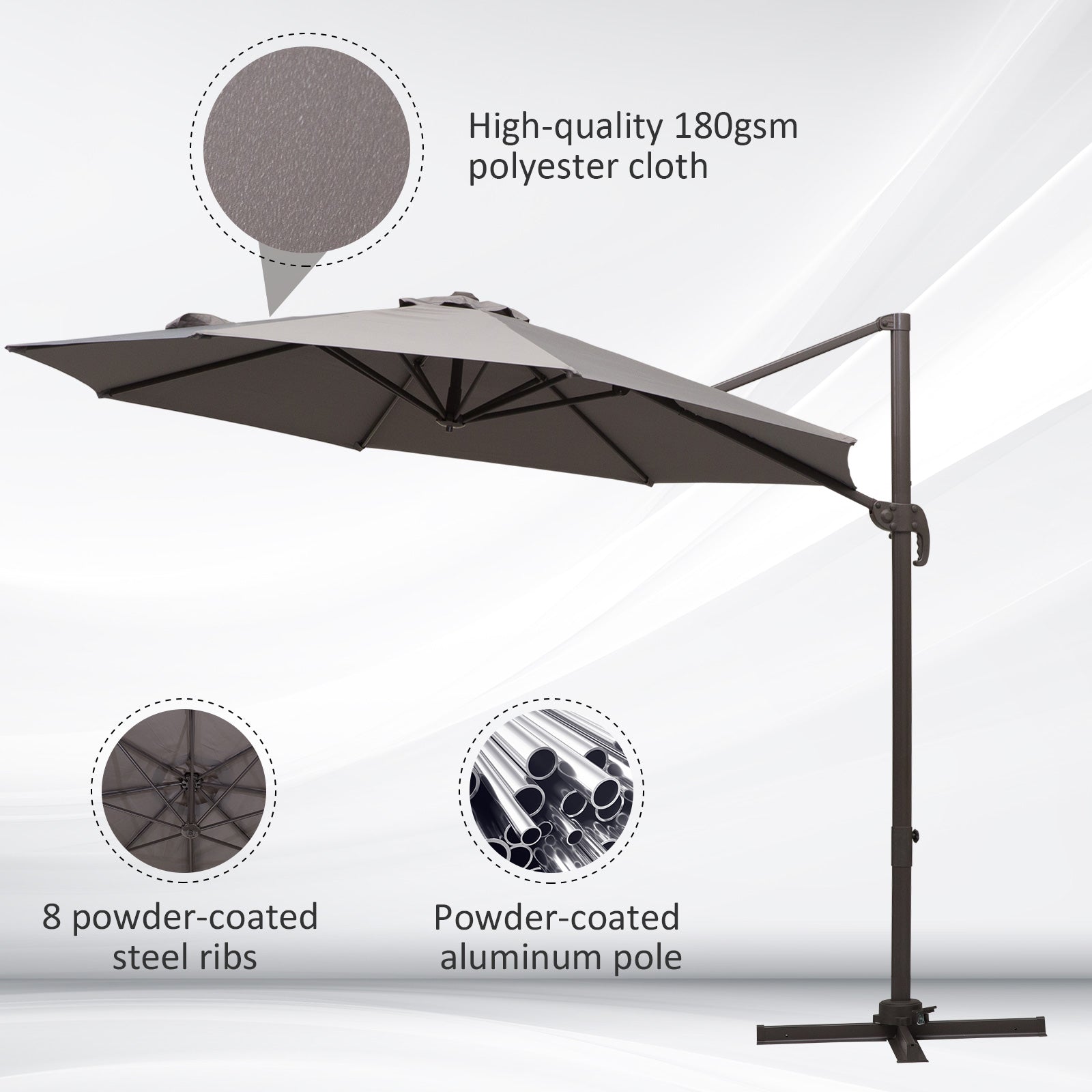 Outsunny 3M Roma Umbrella Sun Shade Cantilever Hanging Parasol w/ Cross Base Hand Crank Aluminium Frame 360°Rotation