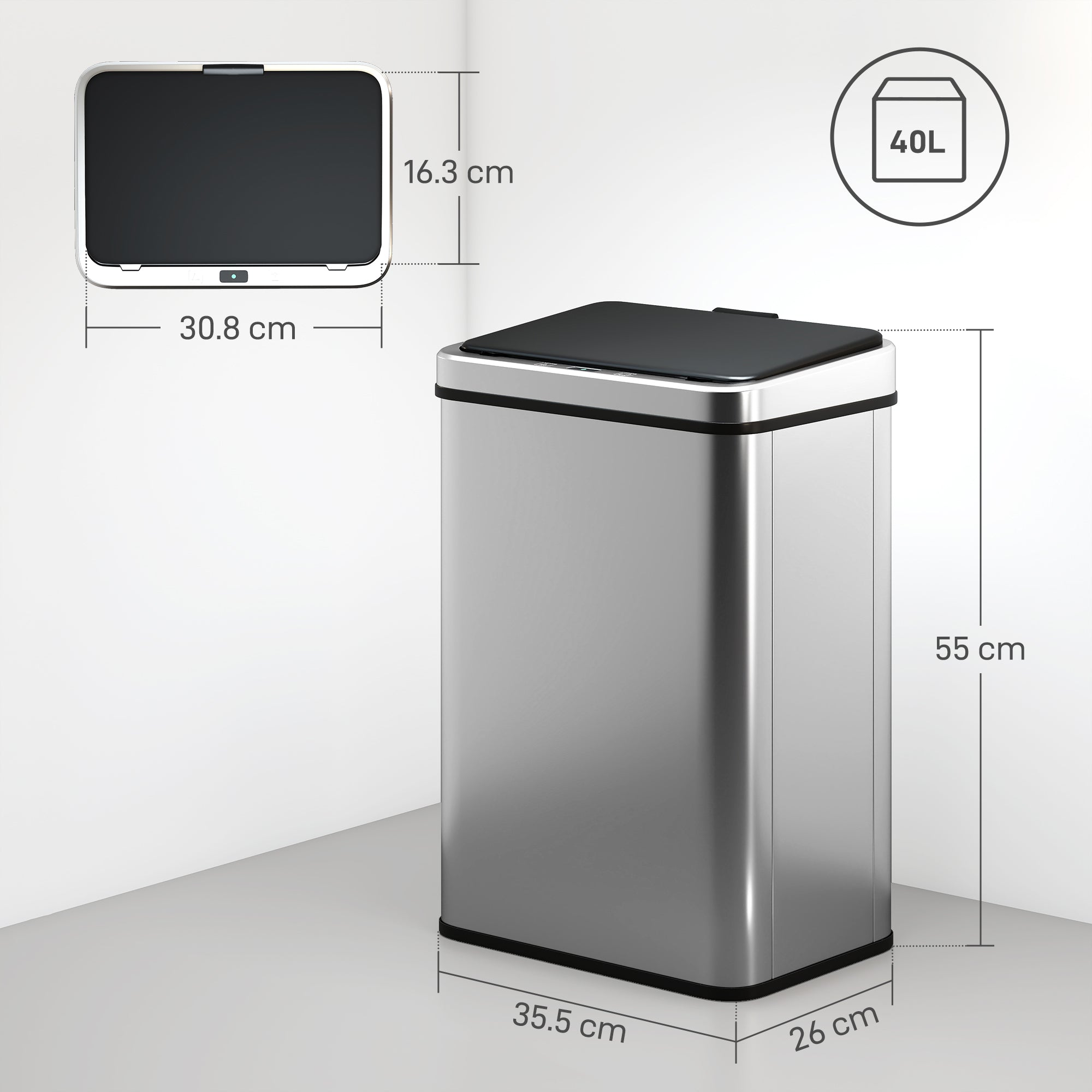 Kozy - 40L Sensor Bin with Quiet Soft-Close Lid, Automatic Touchless Motion Sensor Kitchen Bin with Fingerprint Resistant Stainless Steel for Hygienic Gyms, Home Office Use, Silver Tone