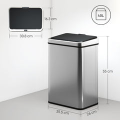 Kozy - 40L Sensor Bin with Quiet Soft-Close Lid, Automatic Touchless Motion Sensor Kitchen Bin with Fingerprint Resistant Stainless Steel for Hygienic Gyms, Home Office Use, Silver Tone