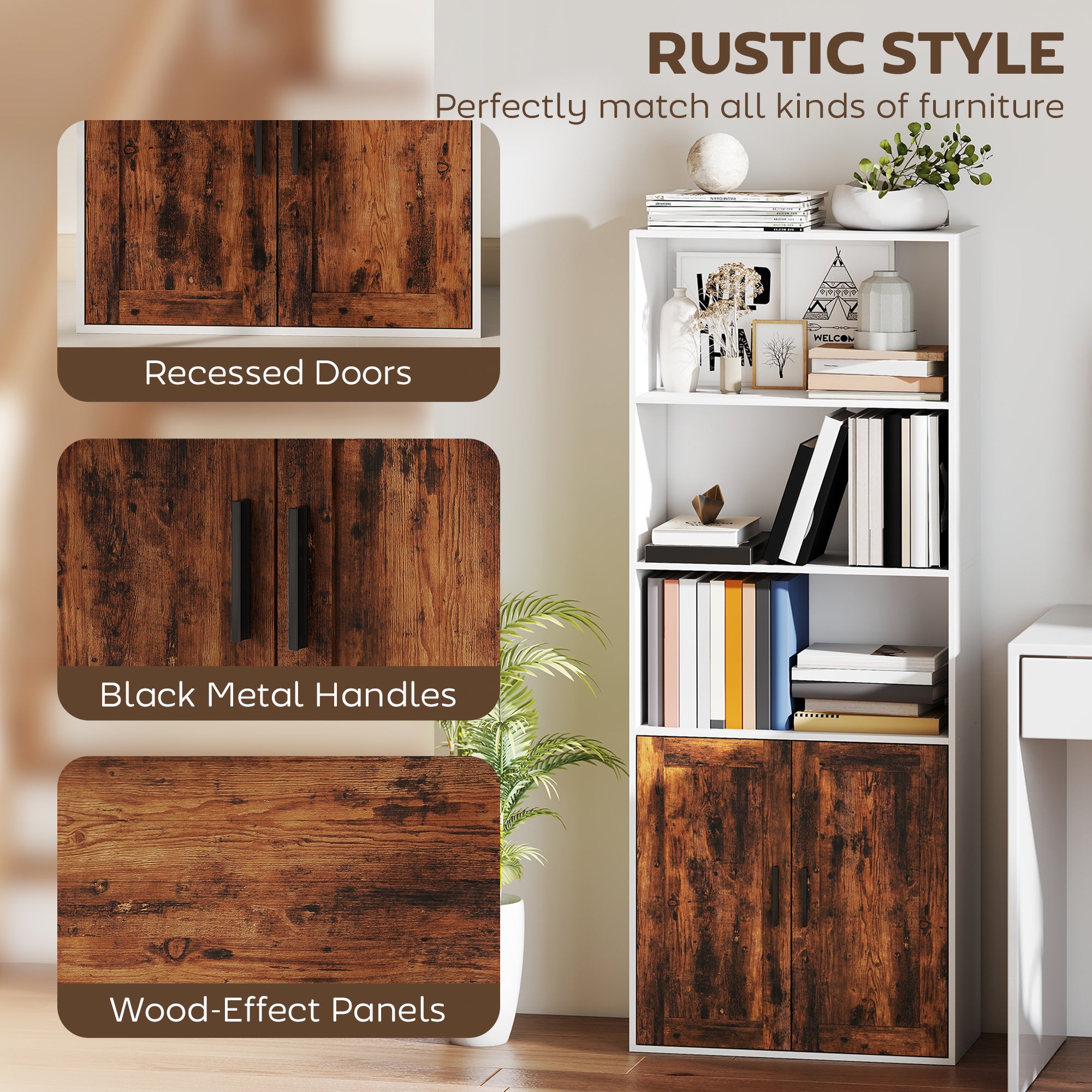 Kozy - 5-Tier Bookcase with Adjustable Shelf - Rustic Brown