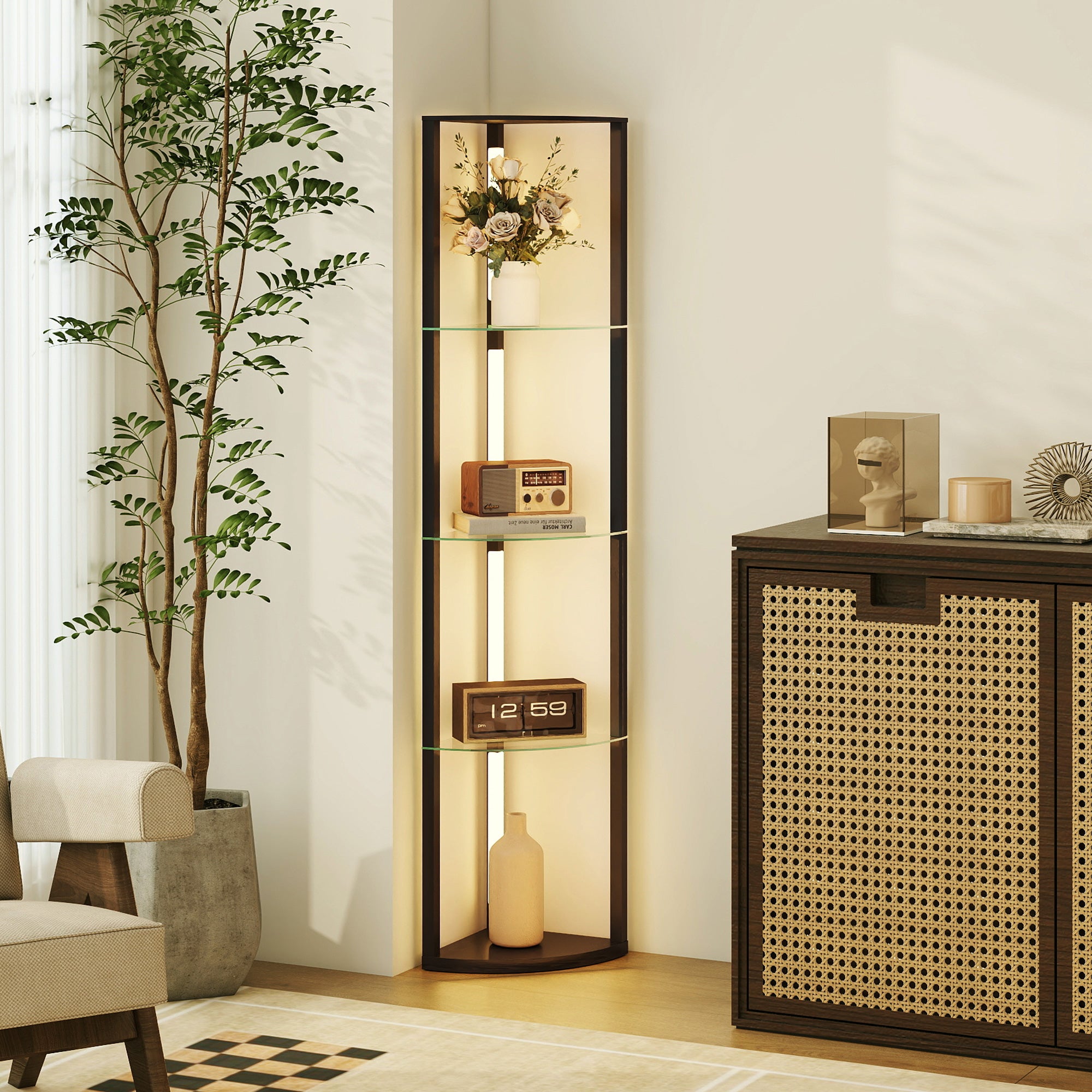 Kozy LED Floor Lamp with Shelves, Dimmable Standing Lamp with Foot Switch for Living Room, Bedroom, Black