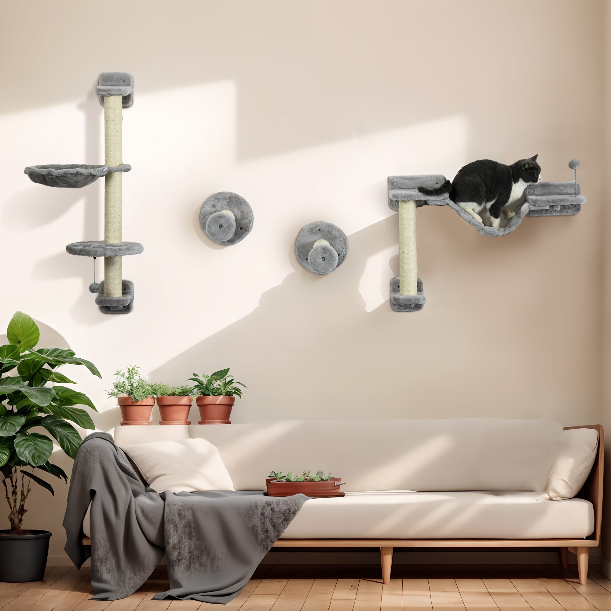 PawHut Cat Shelves Fit Cat Up to 5kg, 4-Piece Set with Hammock, Perches, Ladder, Scratching Post, Safe for Cats to Play, Grey | Aosom UK