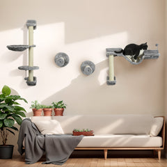 PawHut Cat Shelves Fit Cat Up to 5kg, 4-Piece Set with Hammock, Perches, Ladder, Scratching Post, Safe for Cats to Play, Grey | Aosom UK