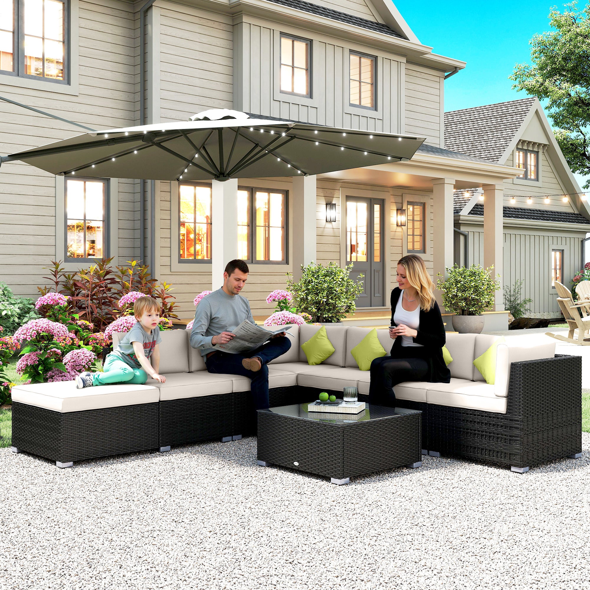 Kozy 8 Piece Rattan Corner Sofa Set with Wide & Deep Seat, Assembled Aluminium PE Rattan Garden Furniture Set with Thick Cushions and Glass Top Table for Outdoor, Conservatory, Black