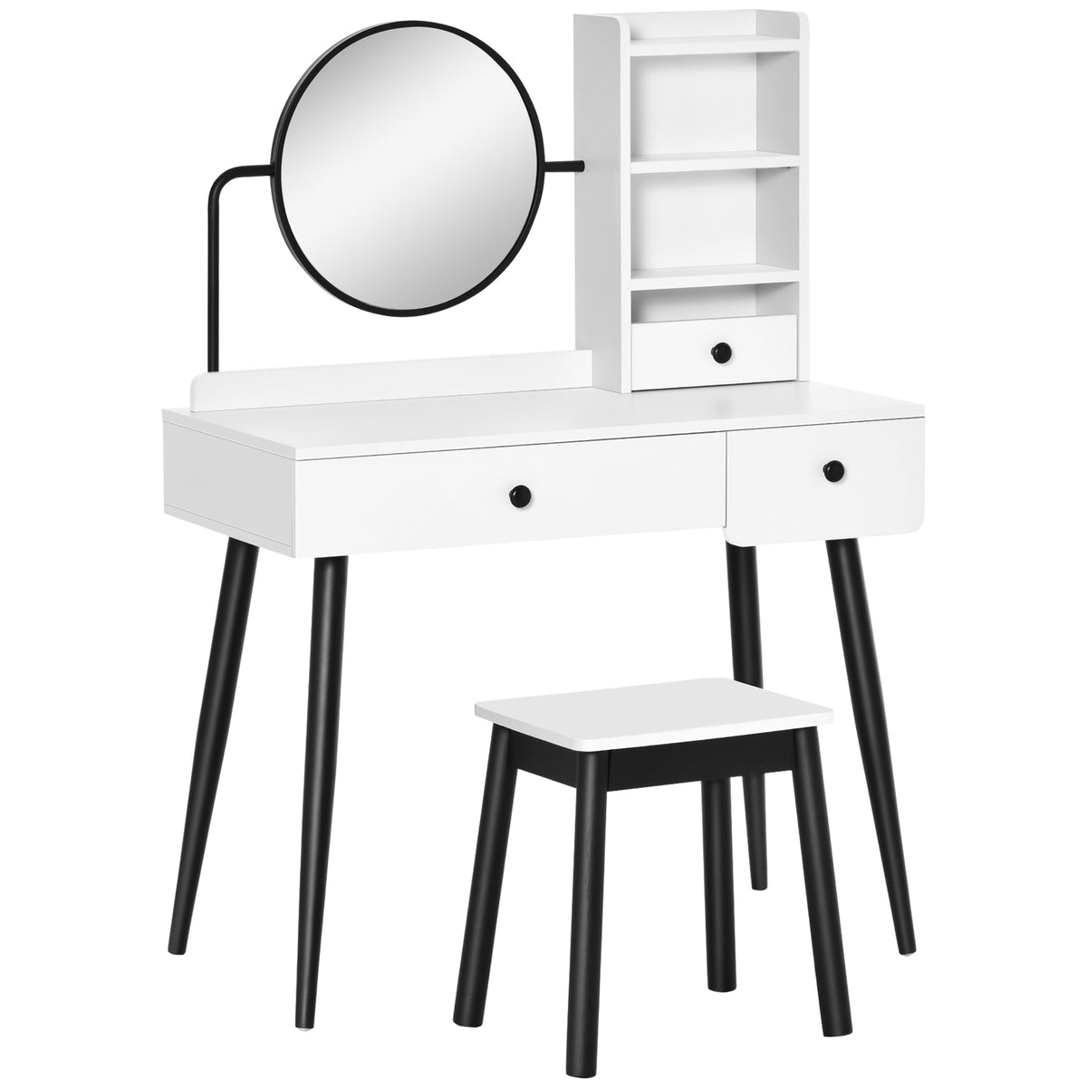 Kozy Dressing Table Set with Mirror and Stool, Vanity Makeup Table with 3 Drawers and Open Shelves for Bedroom, Living Room, White