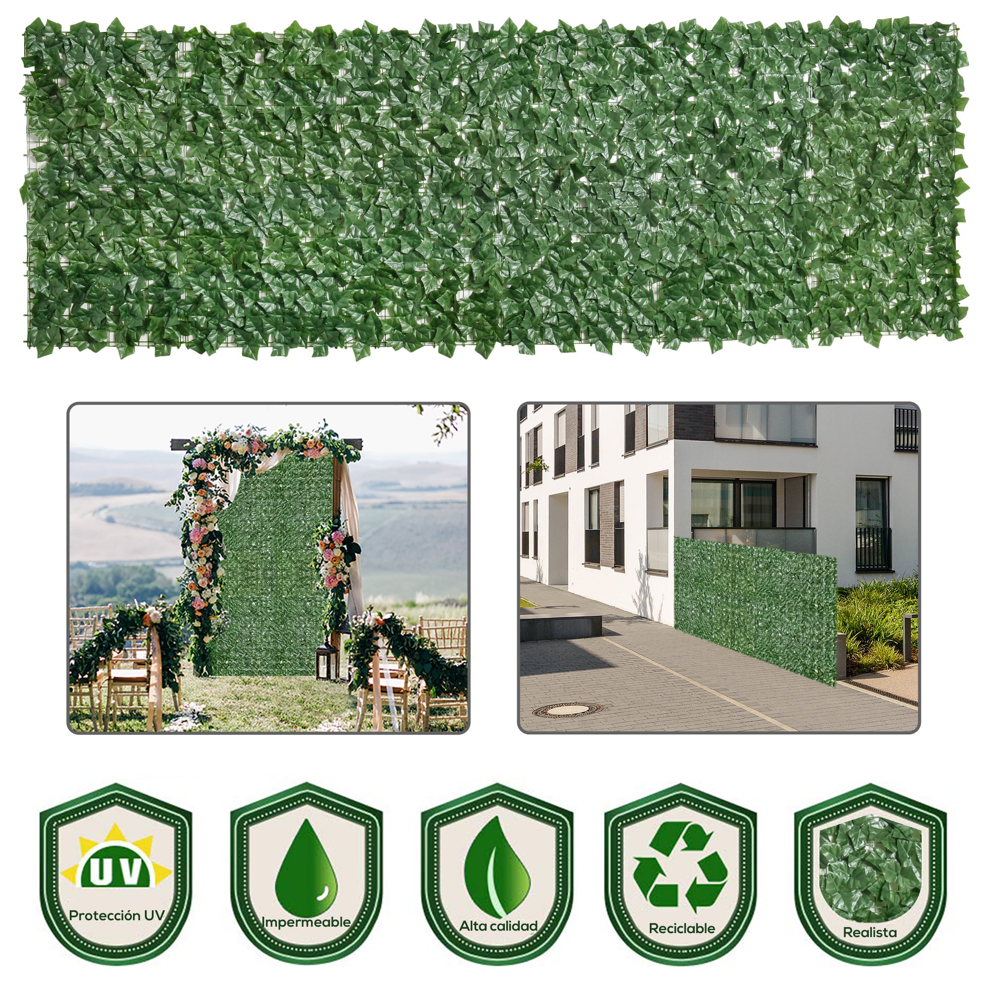 Outsunny Artificial Hedge Screen, Leaf Design for Garden Outdoor Indoor Decor, 3M x 1M, Dark Green