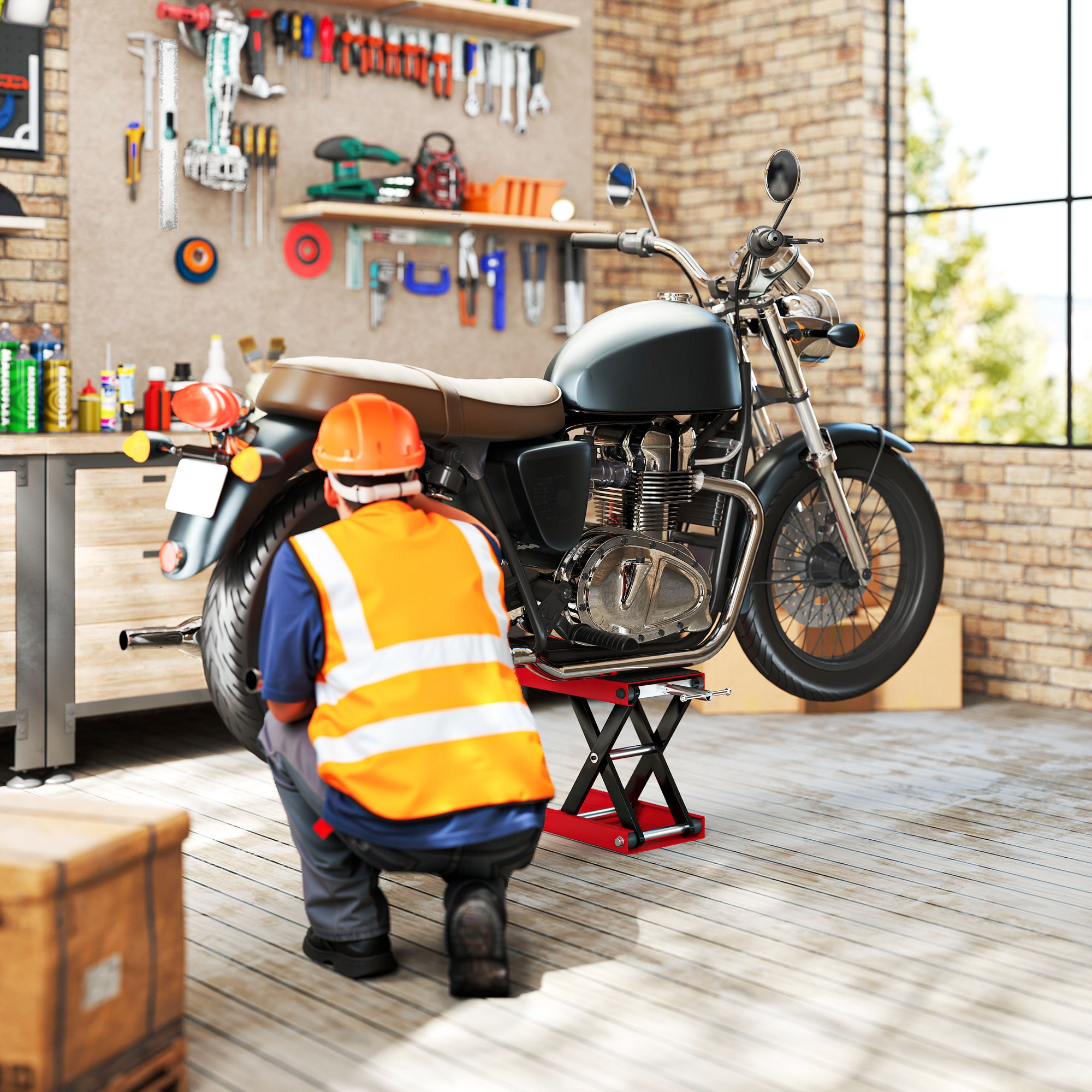 Kozy 500KG Motorcycle Lift Scissor Jack, Height Adjustable Motorbike Stand with Anti-Slip Wide Deck, Heavy Duty Steel Motorbike Repair Lift Hoist Stand for Home Garage, Red